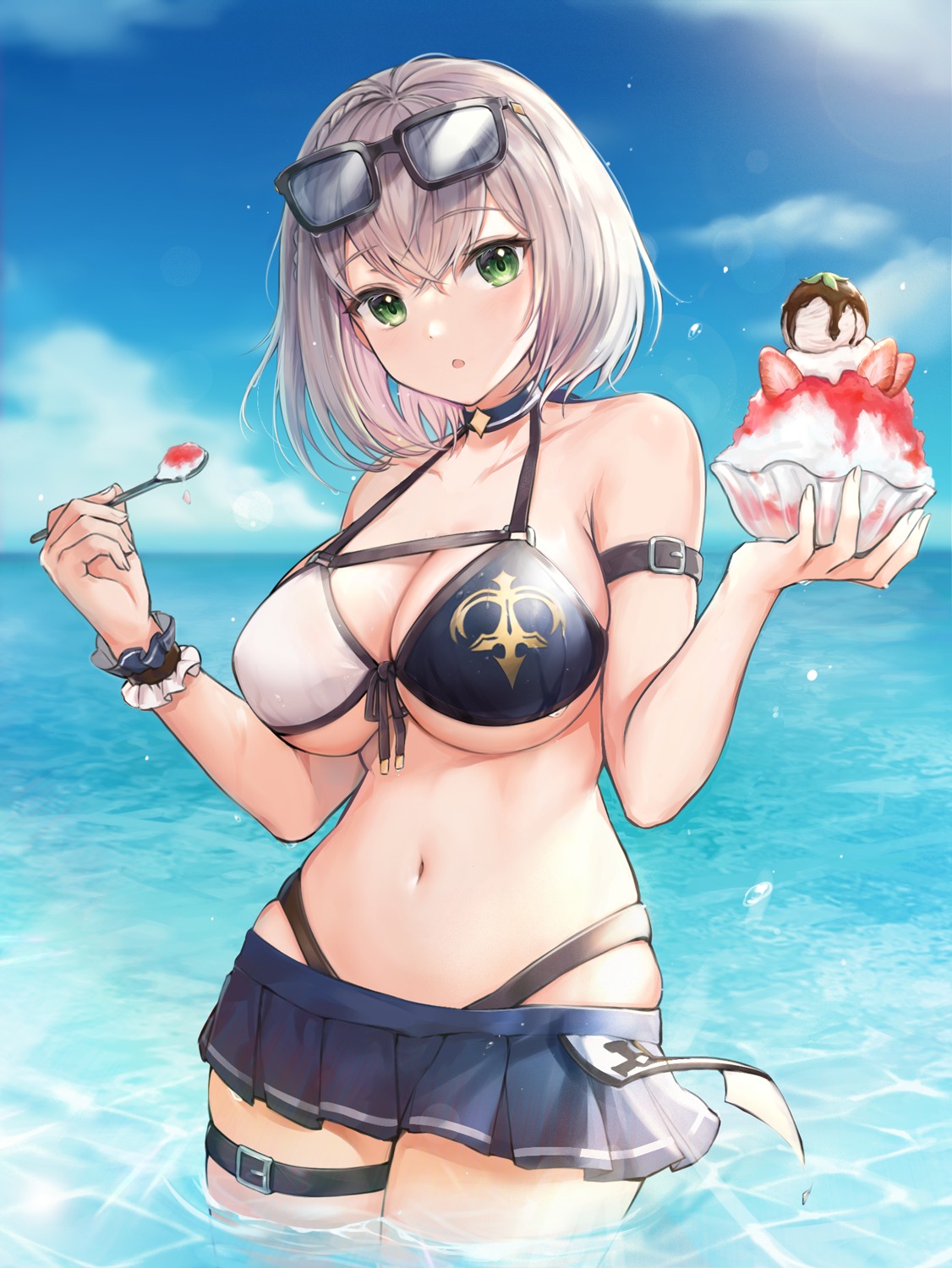 bikini cleavage garter hololive luzzi_(milllim) megane shirogane_noel swimsuits underboob wet