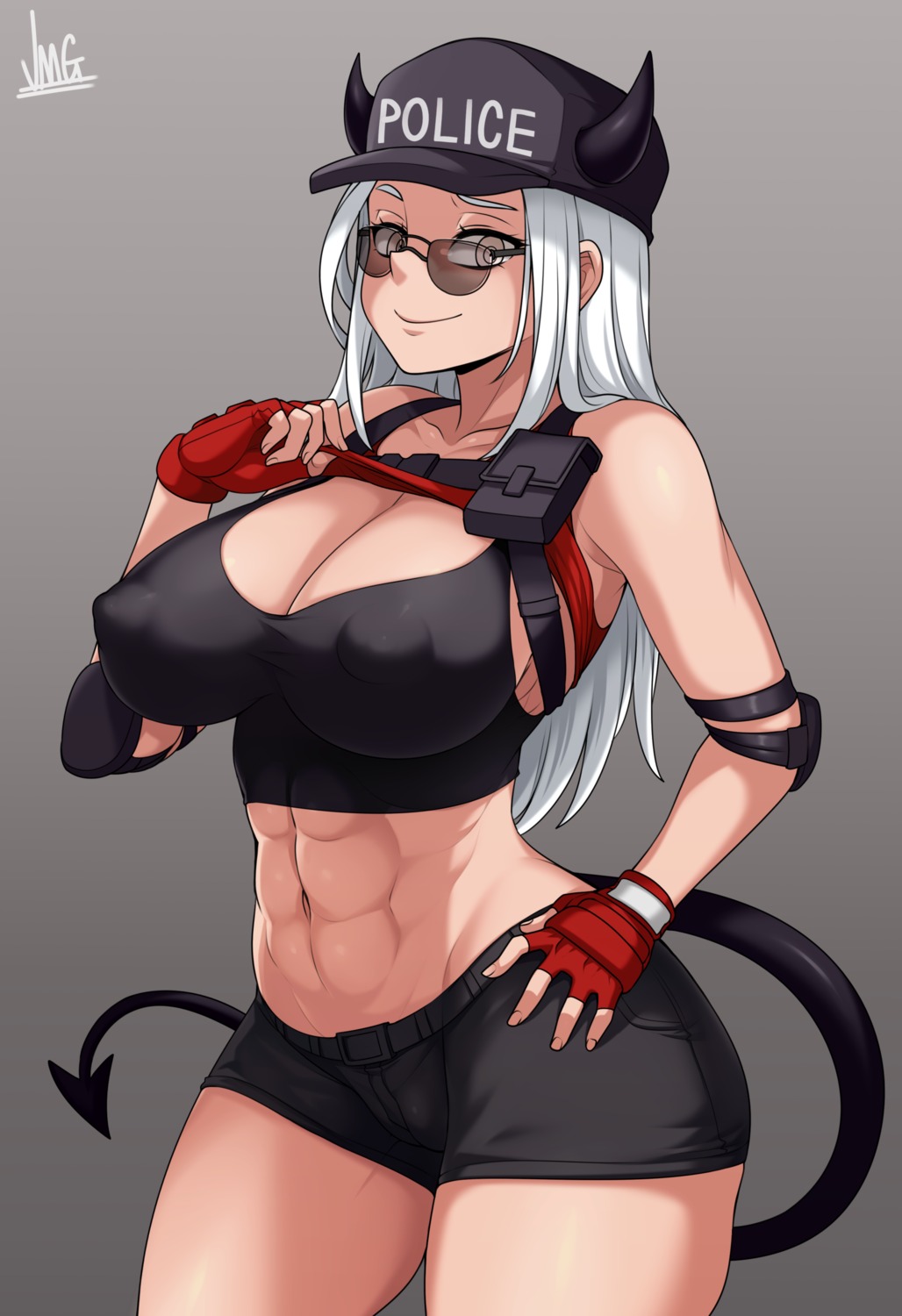 devil erect_nipples helltaker horns jmg justice_(helltaker) megane no_bra shirt_lift tail undressing