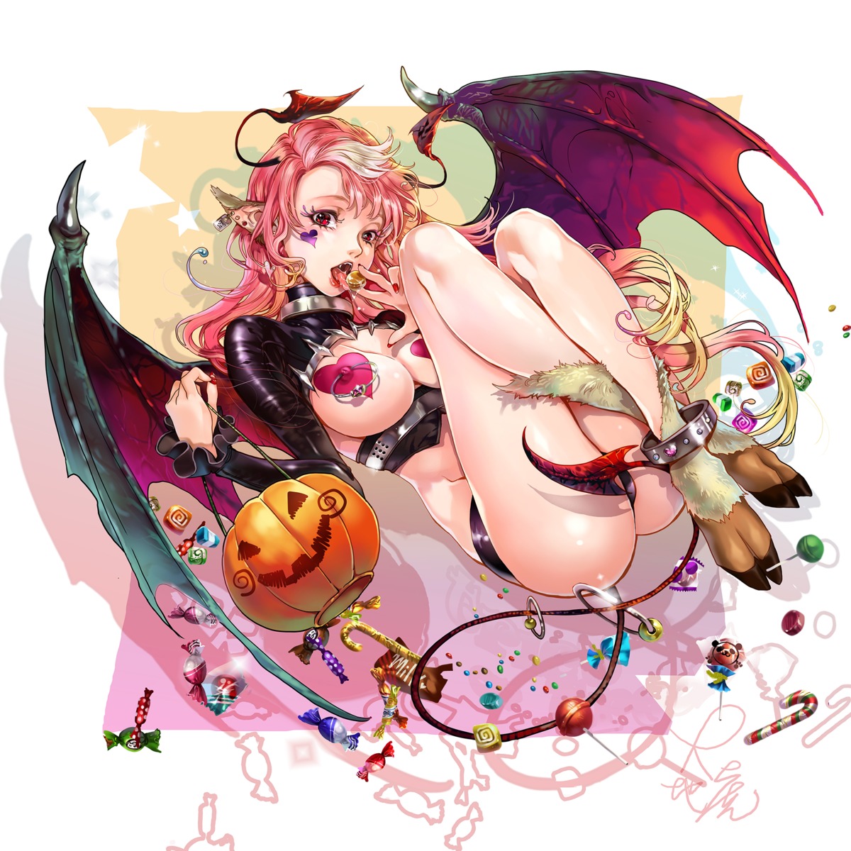 animal_ears breasts erect_nipples halloween no_bra pantsu pasties pointy_ears tagme tail thong wings