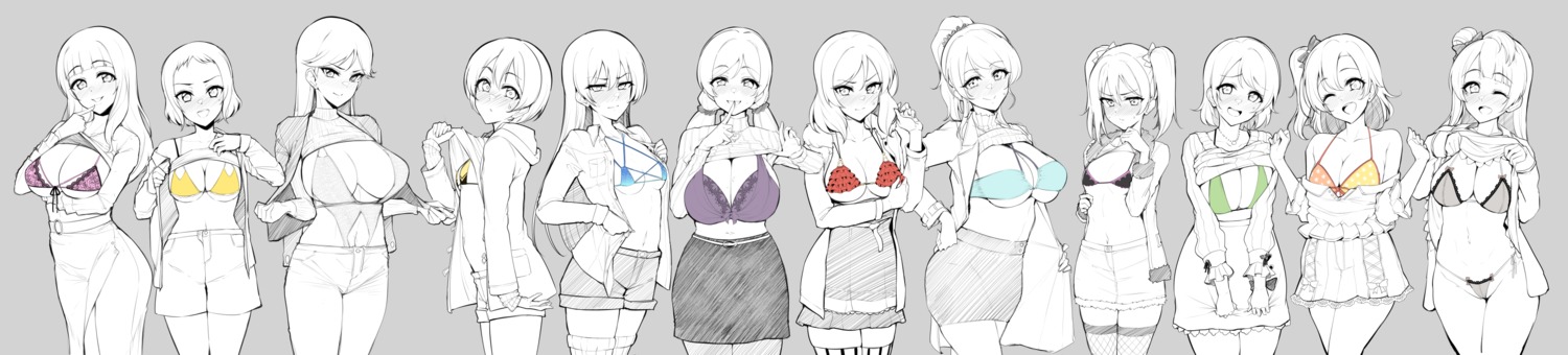 ayase_eli bikini_top bra cleavage dress_shirt fishnets hoshizora_rin kira_tsubasa koizumi_hanayo kousaka_honoka love_live! minami_kotori nishikino_maki open_shirt pantsu shirt_lift sian sketch sonoda_umi string_panties sweater swimsuits thighhighs thong toudou_erena toujou_nozomi undressing yazawa_nico yuuki_anju