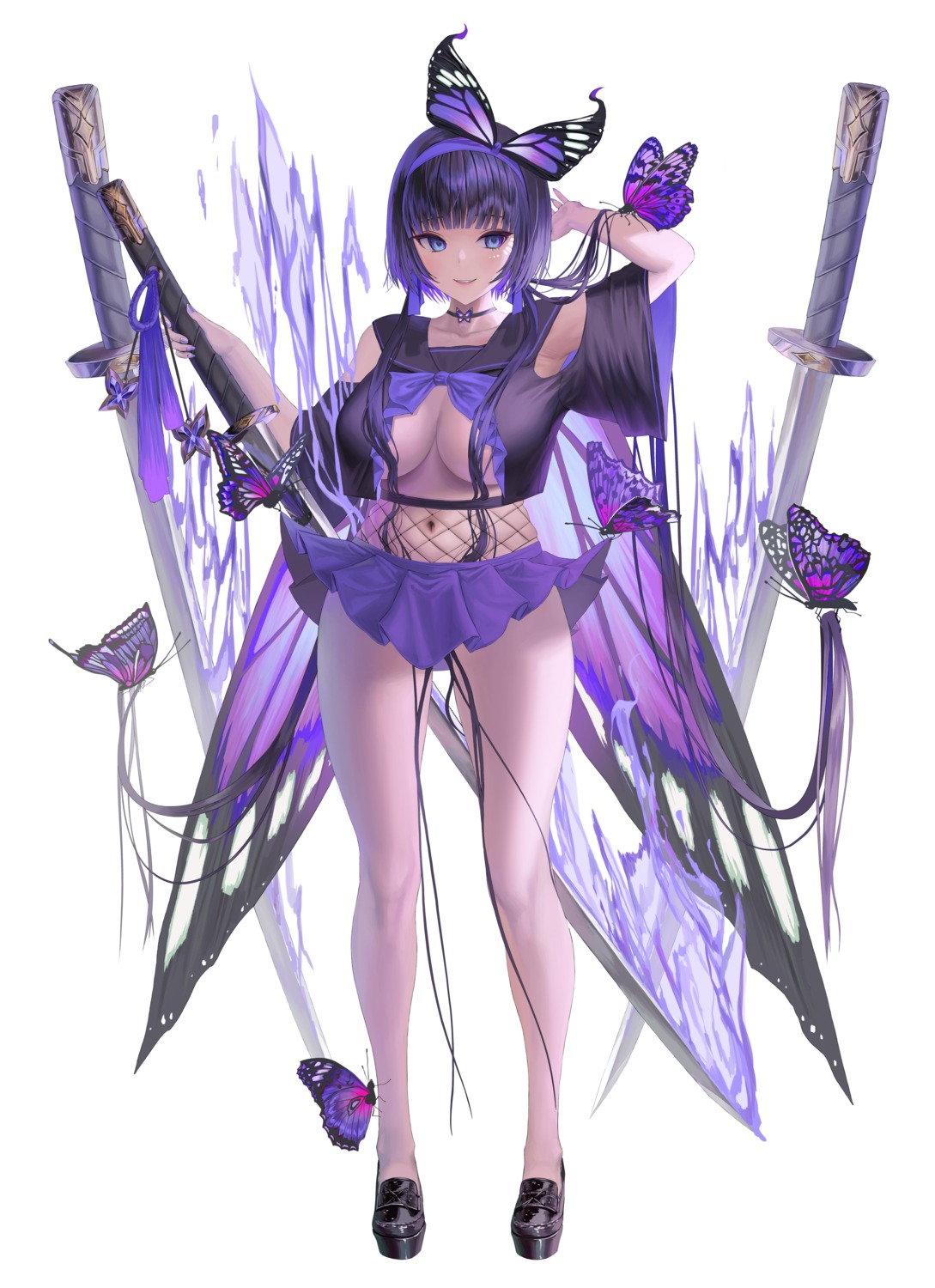 fishnets myabit no_bra skirt_lift sword wings