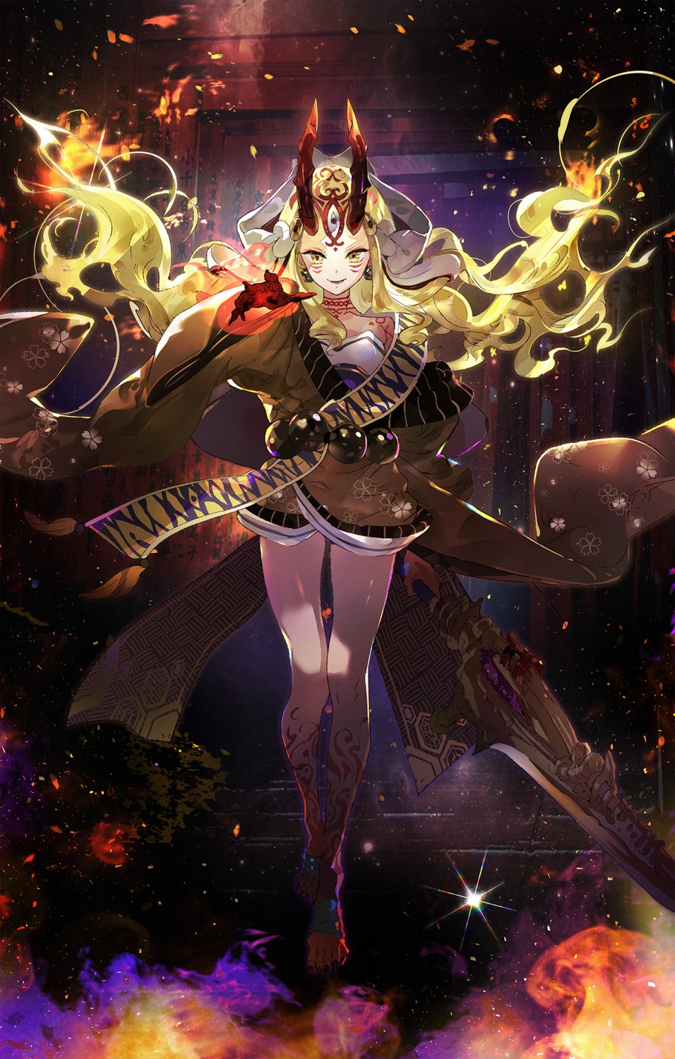 a2ki fate/grand_order horns ibaraki_douji_(fate/grand_order) japanese_clothes pointy_ears tattoo weapon