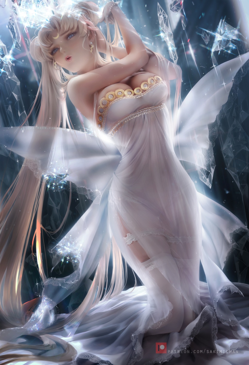 cleavage dress garter princess_serenity sailor_moon sakimichan see_through stockings thighhighs wings