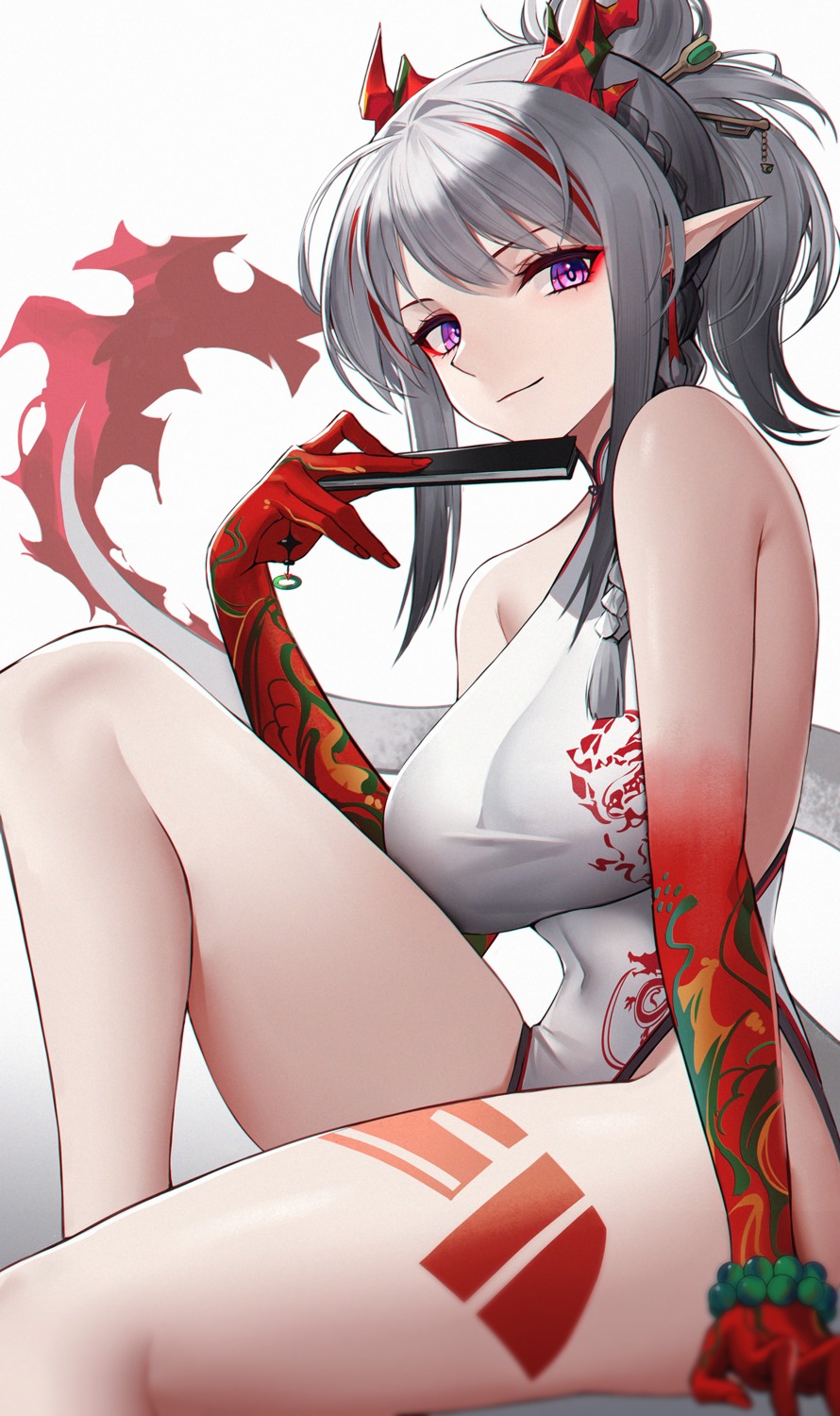 arknights chinadress eternity_(shadeh) horns nian_(arknights) no_bra pointy_ears tail tattoo