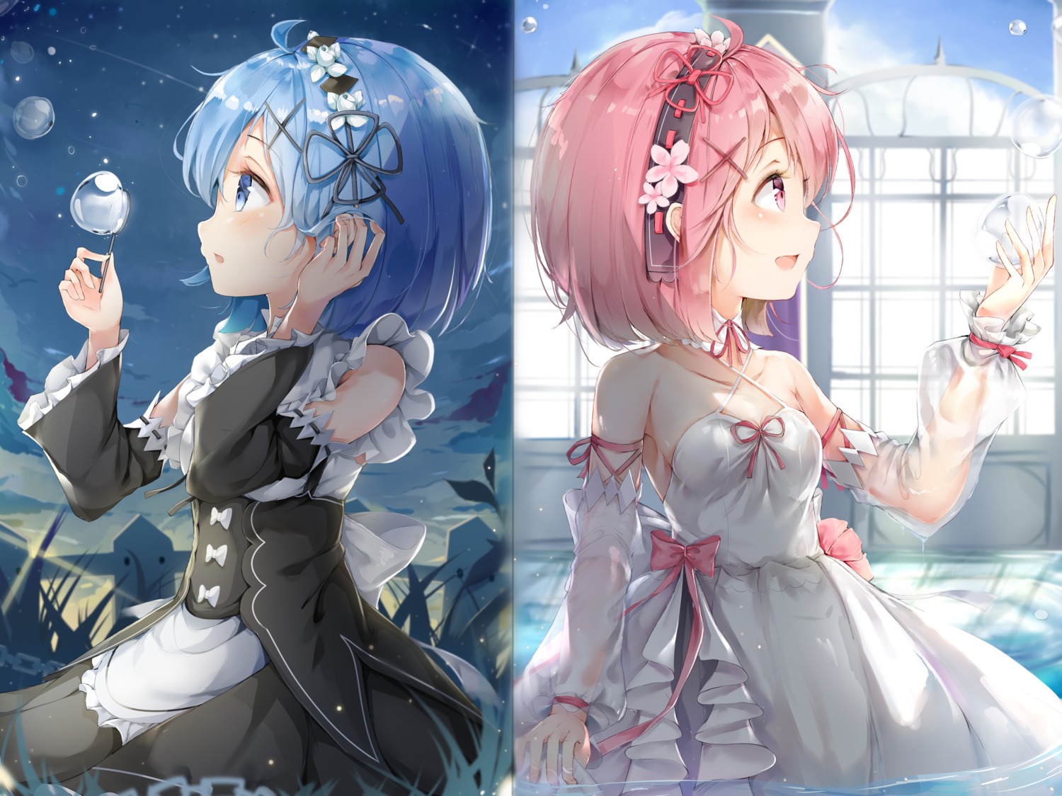 chintora0201 cleavage dress gothic_lolita lolita_fashion maid no_bra ram_(re_zero) re_zero_kara_hajimeru_isekai_seikatsu rem_(re_zero) see_through wet wet_clothes