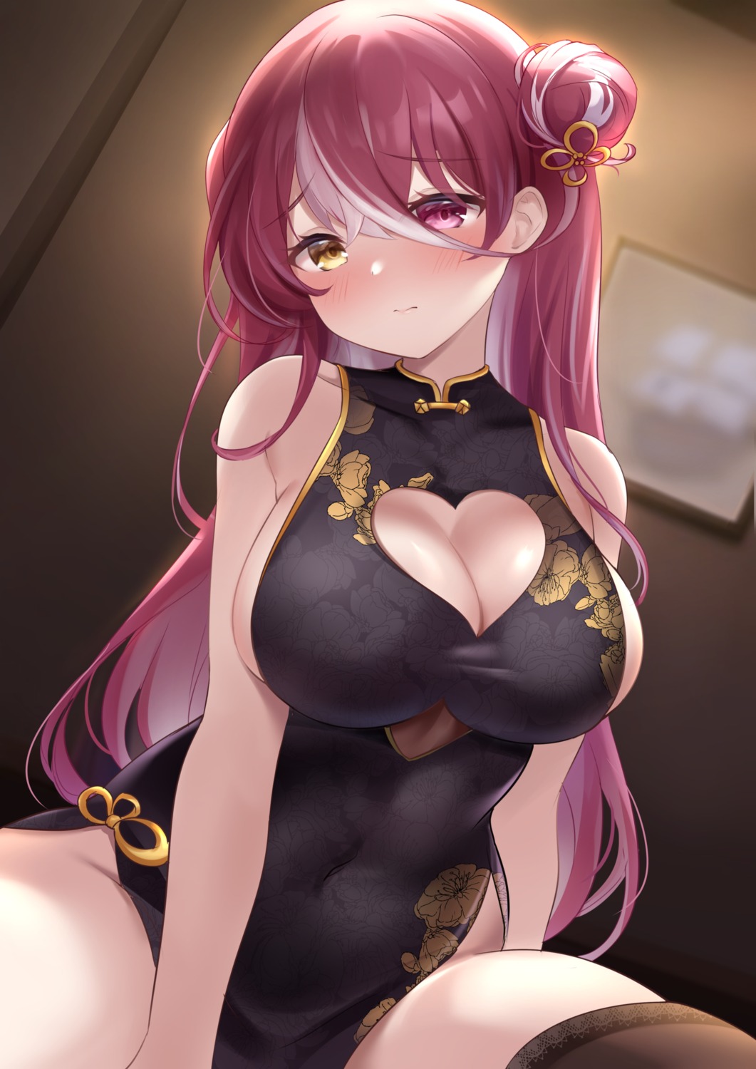 chinadress heterochromia hololive houshou_marine nikoo no_bra thighhighs