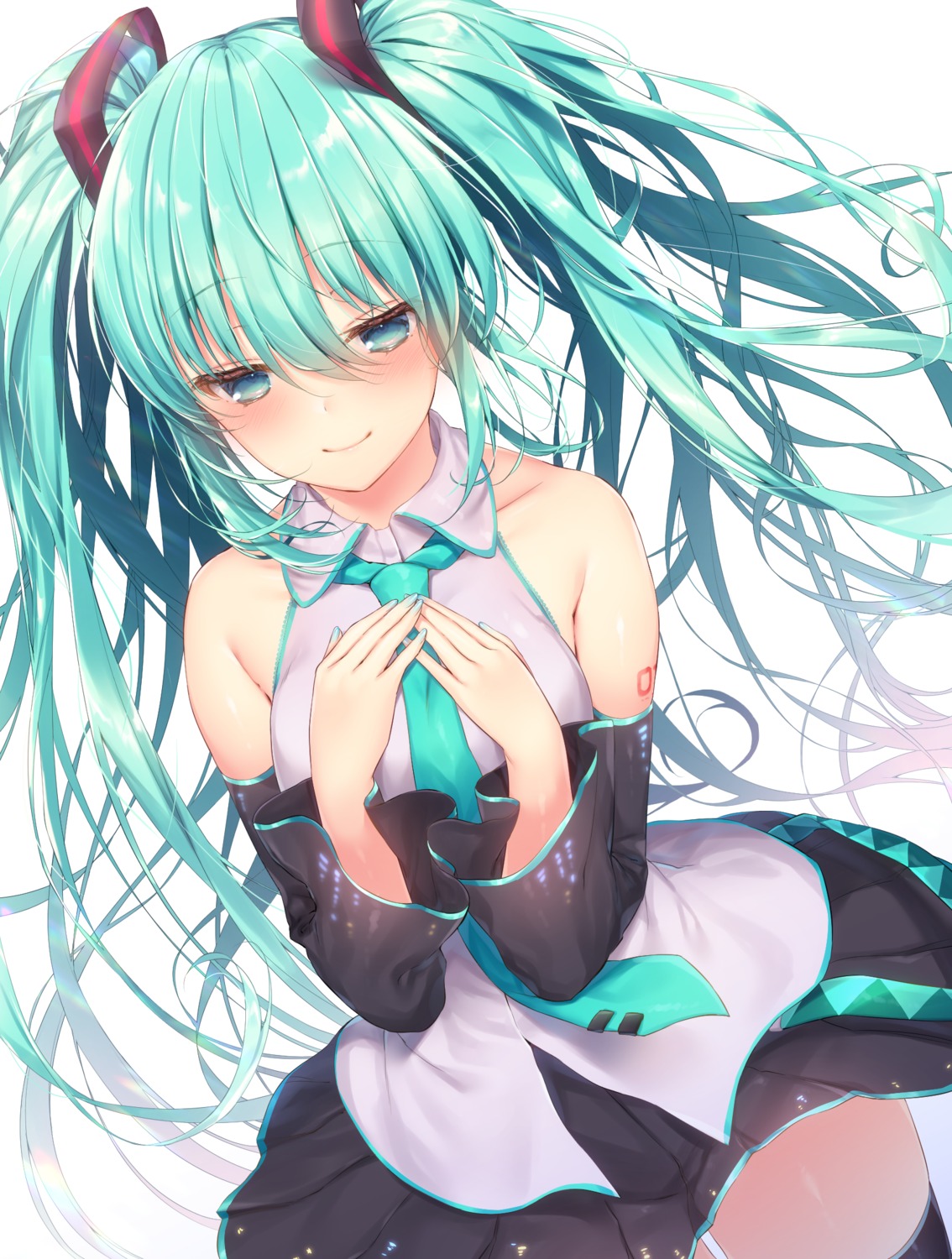 breast_hold hatsune_miku jiiwara skirt_lift tattoo thighhighs vocaloid