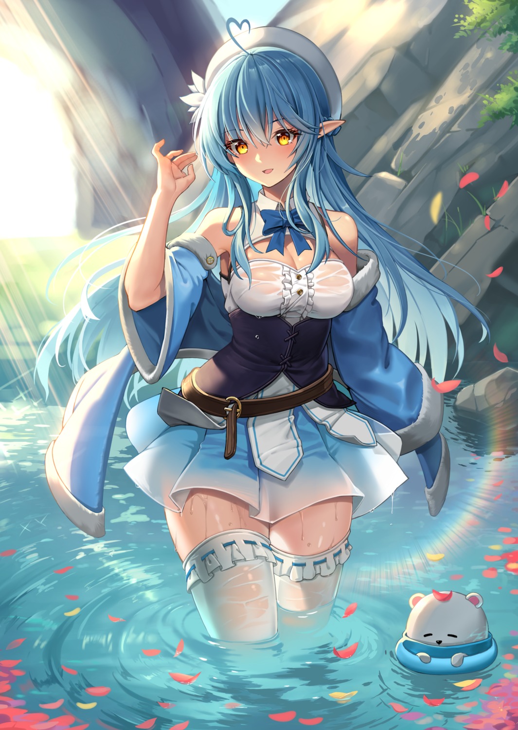 hololive pointy_ears see_through thighhighs tun_chicken wet wet_clothes yukihana_lamy
