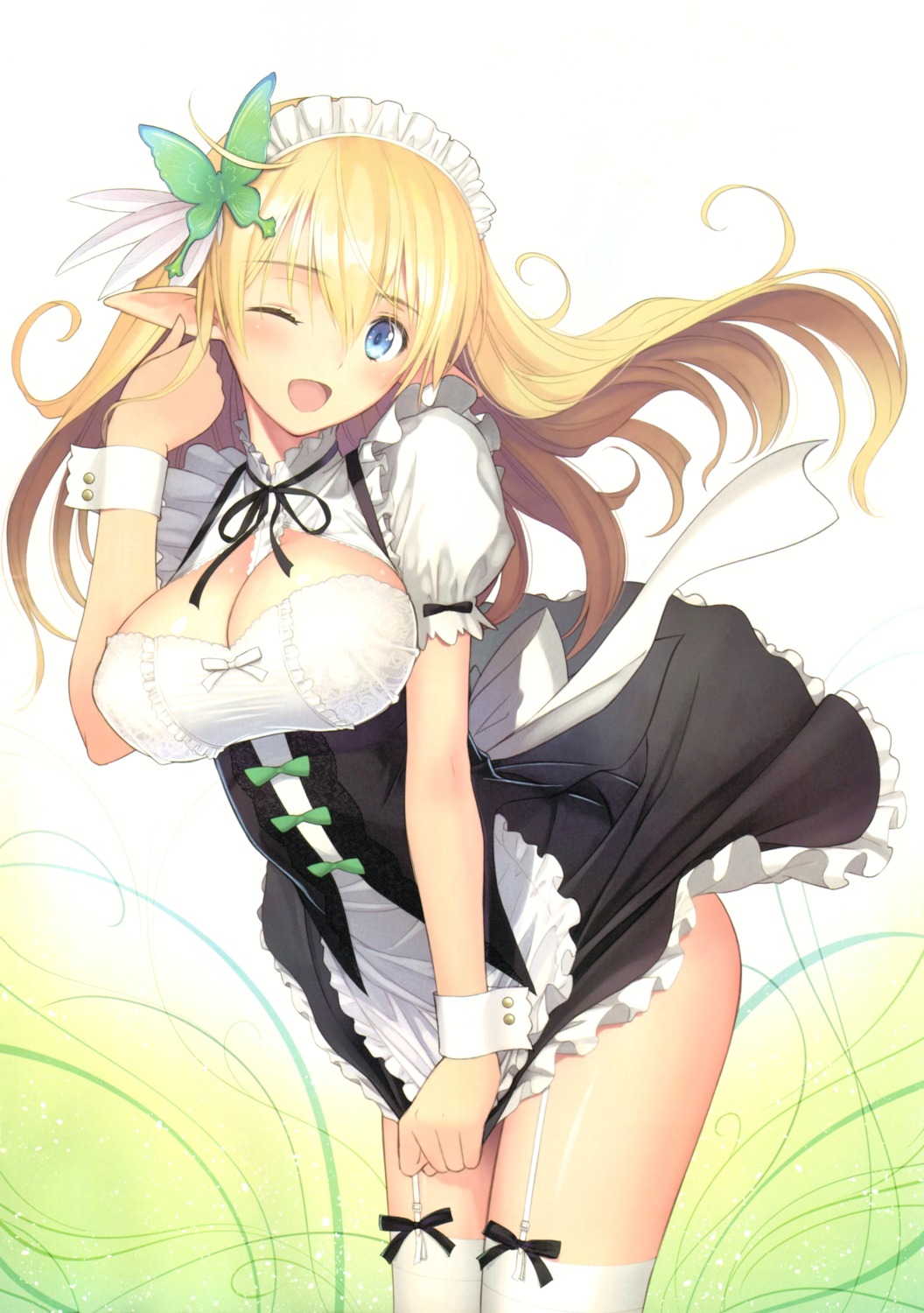 cleavage maid pointy_ears scanning_artifacts skirt_lift stockings thighhighs tony_taka