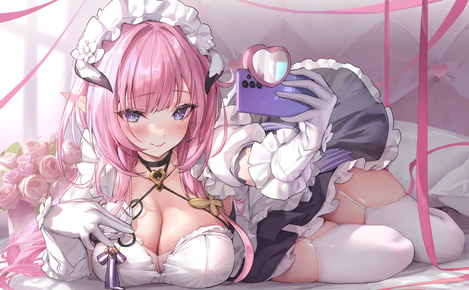 benghuai_xueyuan elysia_(honkai_impact) honkai_impact horns maid no_bra odaefnyo pointy_ears see_through selfie skirt_lift stockings thighhighs