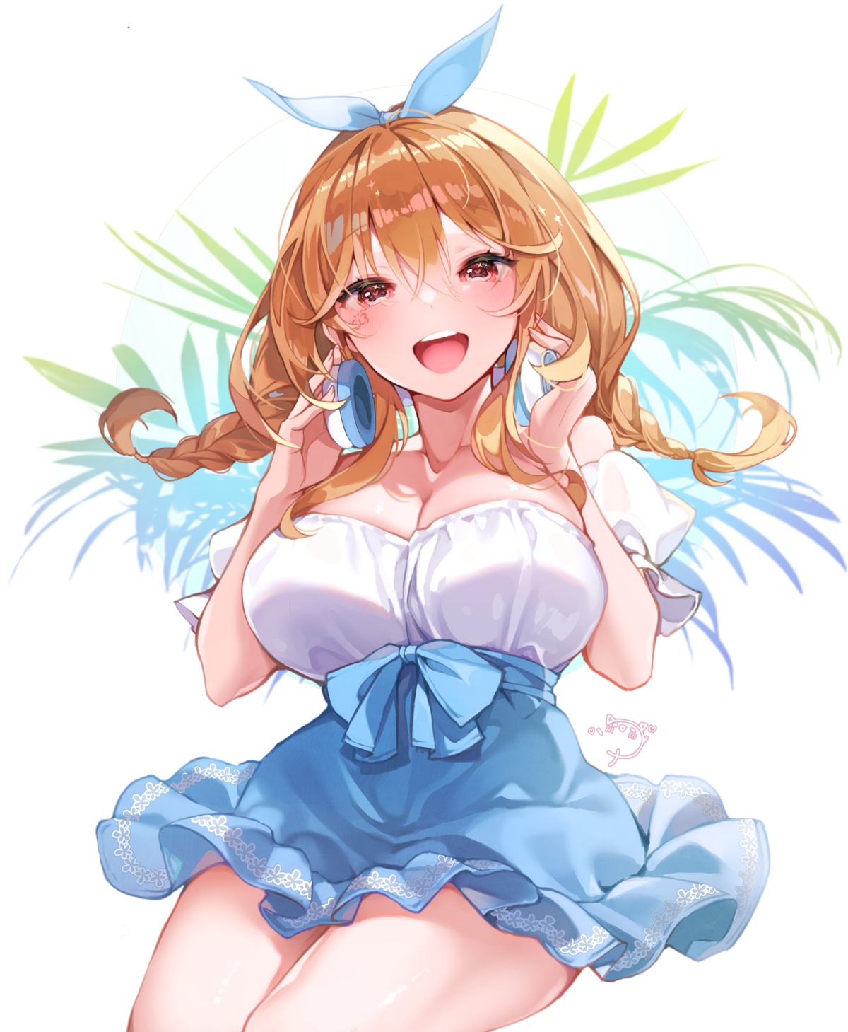 cleavage headphones kanola_u no_bra skirt_lift