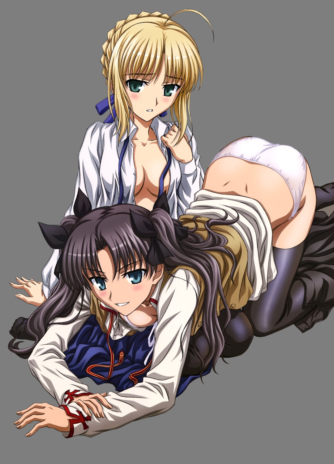 cleavage fate/stay_night ishihara_megumi lingerie no_bra open_shirt pantsu saber seifuku thighhighs toosaka_rin transparent_png