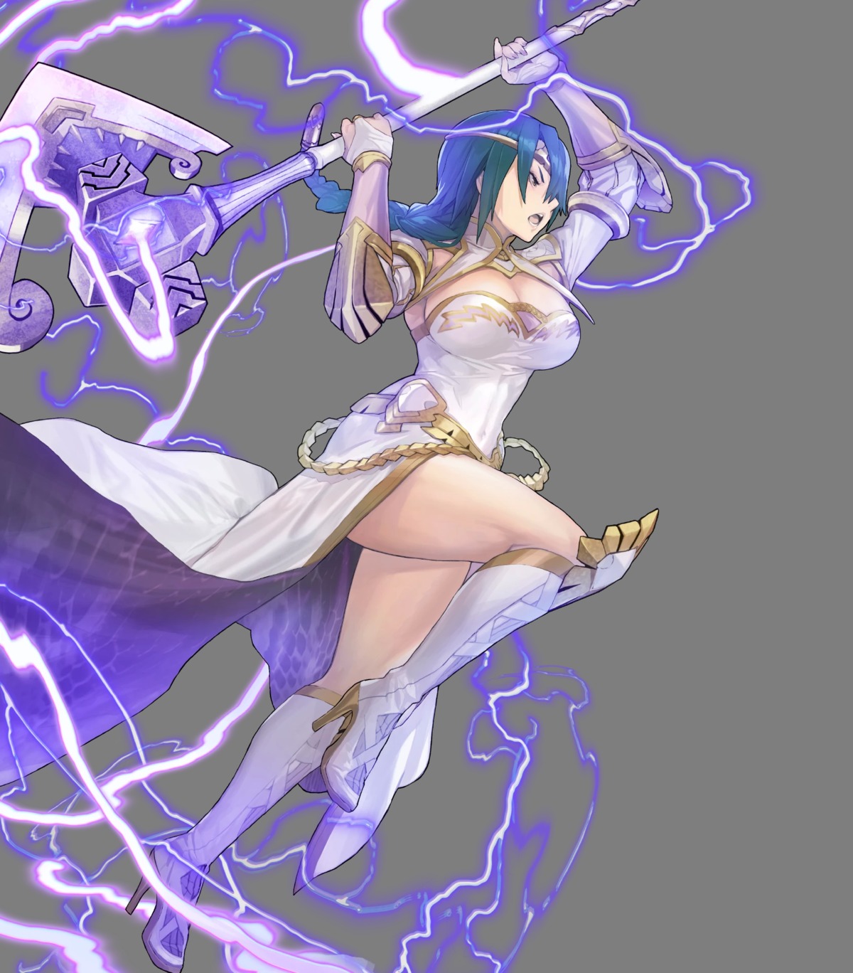 cleavage dress fire_emblem fire_emblem_heroes heels maeshima_shigeki nintendo no_bra skirt_lift thorr weapon