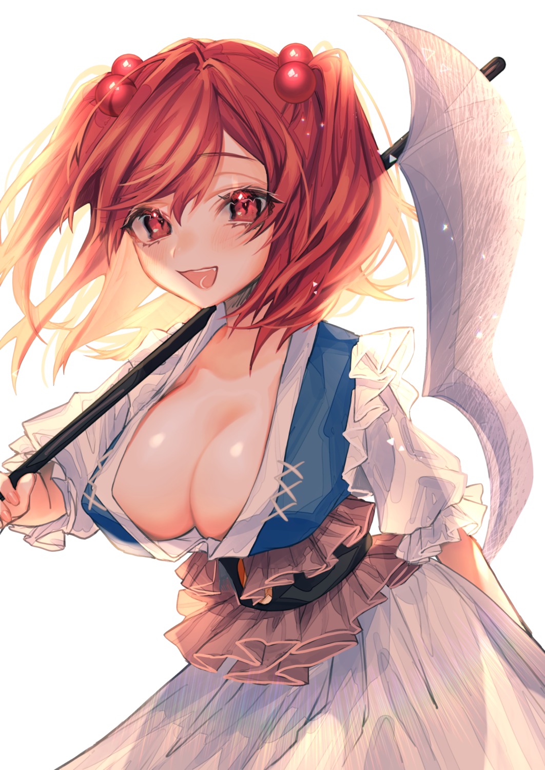 mokokiyo_(asaddr) no_bra onozuka_komachi open_shirt touhou weapon