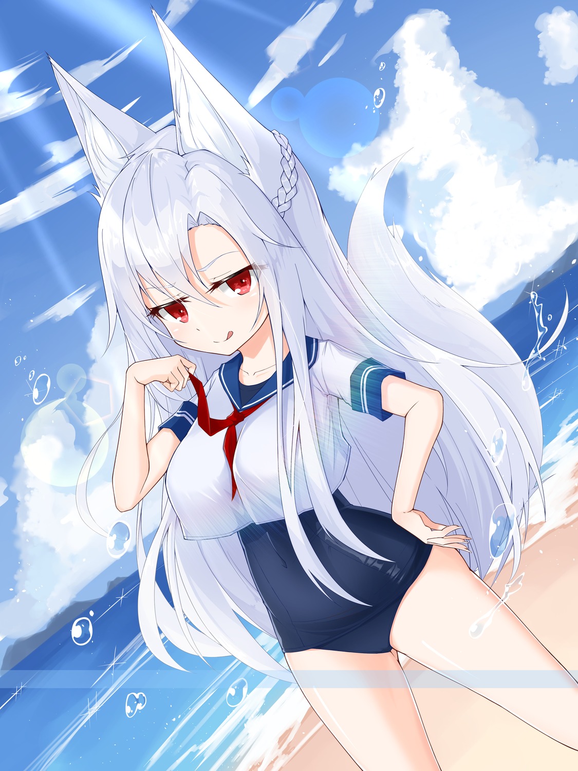 animal_ears kitsune school_swimsuit seifuku swimsuits tail yeosi