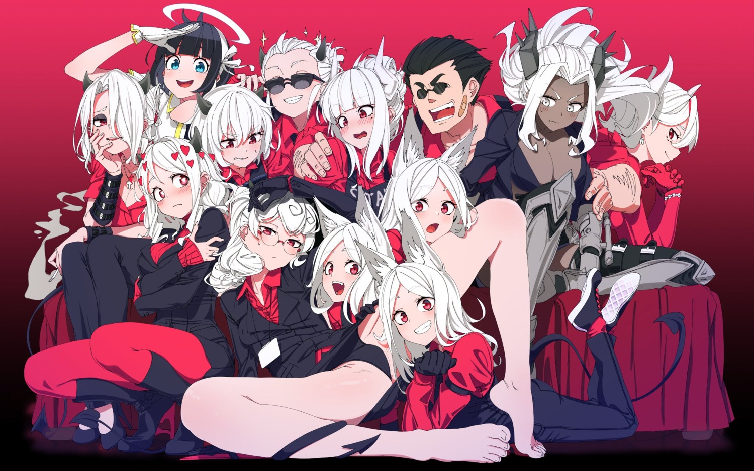 animal_ears armor azazel_(helltaker) bandaid beelzebub_(helltaker) business_suit cerberus_(helltaker) garter heels helltaker horns judgement_(helltaker) justice_(helltaker) lucifer_(helltaker) malina_(helltaker) megane modeus_(helltaker) no_bra open_shirt pandemonica_(helltaker) pantsu shinomu_(cinomoon) skirt_lift tail zdrada_(helltaker)