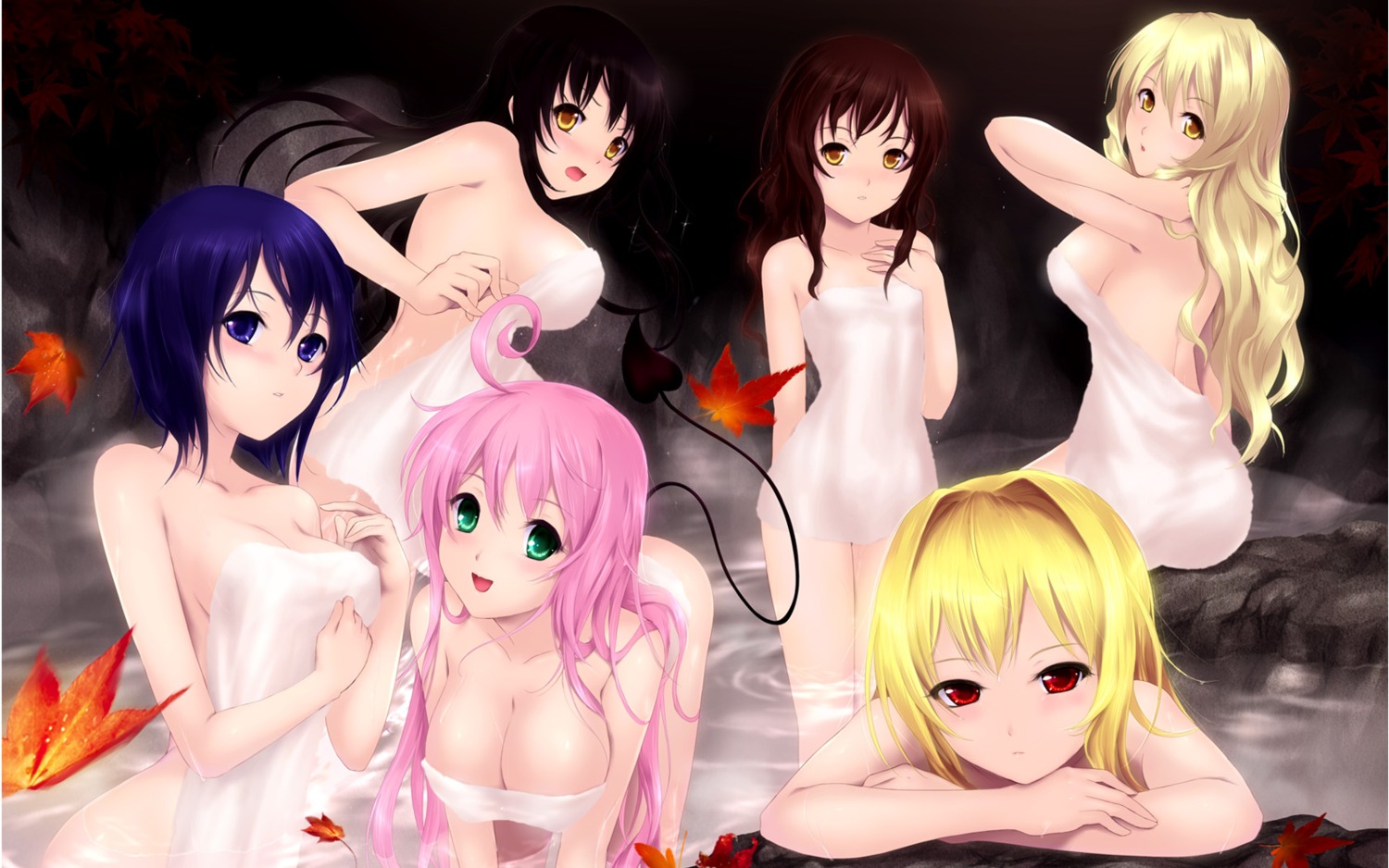 bathing cait golden_darkness kotegawa_yui lala_satalin_deviluke onsen sairenji_haruna tenjouin_saki to_love_ru towel wallpaper wet yuuki_mikan