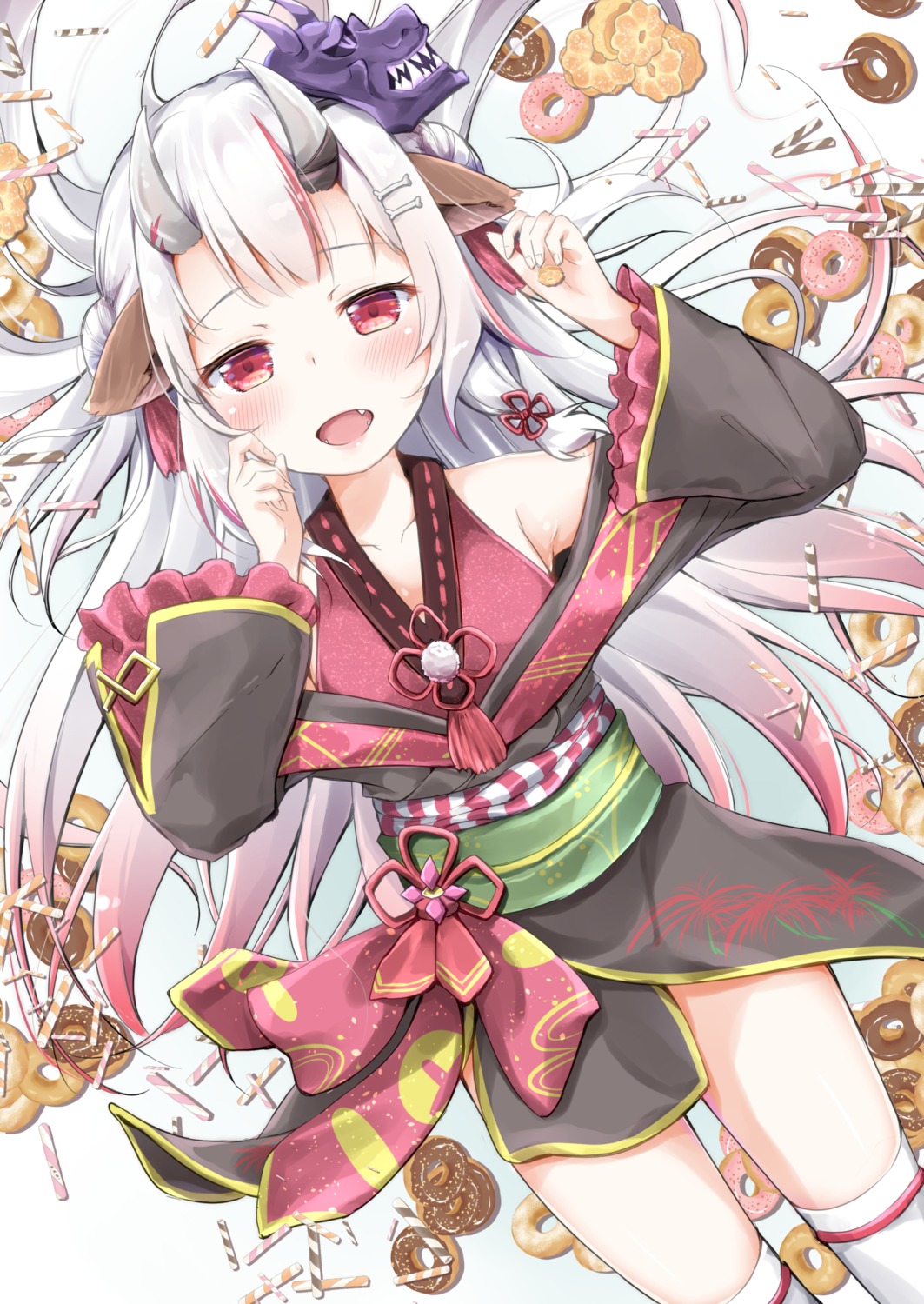 animal_ears hololive horns inumimi japanese_clothes nakiri_ayame pirasone thighhighs