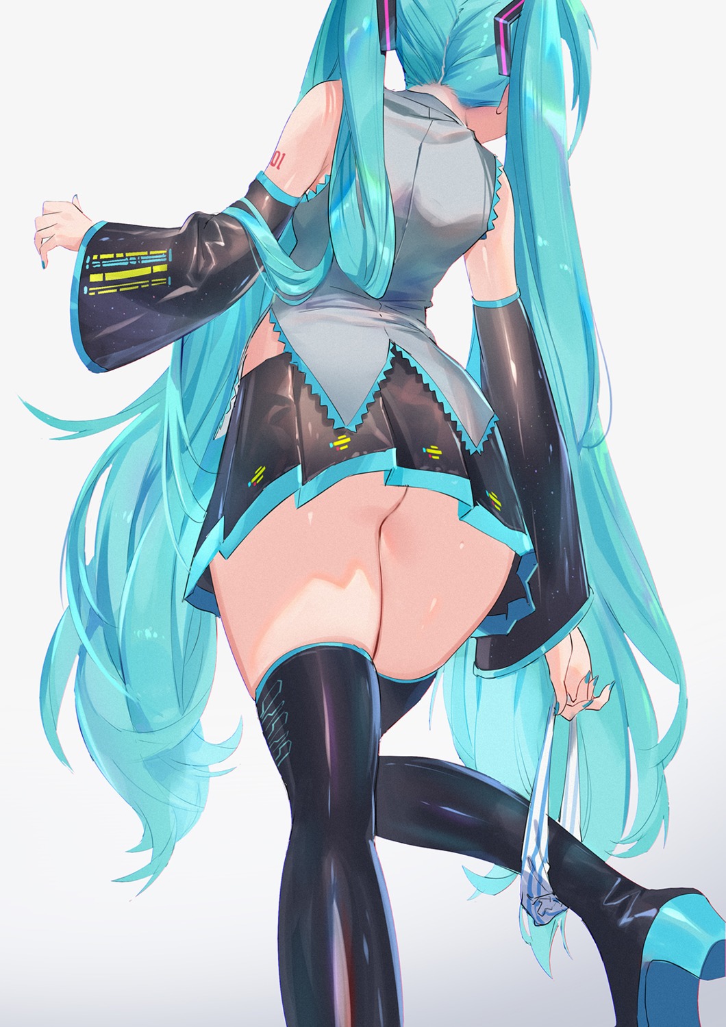 ass hatsune_miku heels mhk_(mechamania) nopan pantsu panty_pull shimapan skirt_lift tattoo thighhighs undressing vocaloid