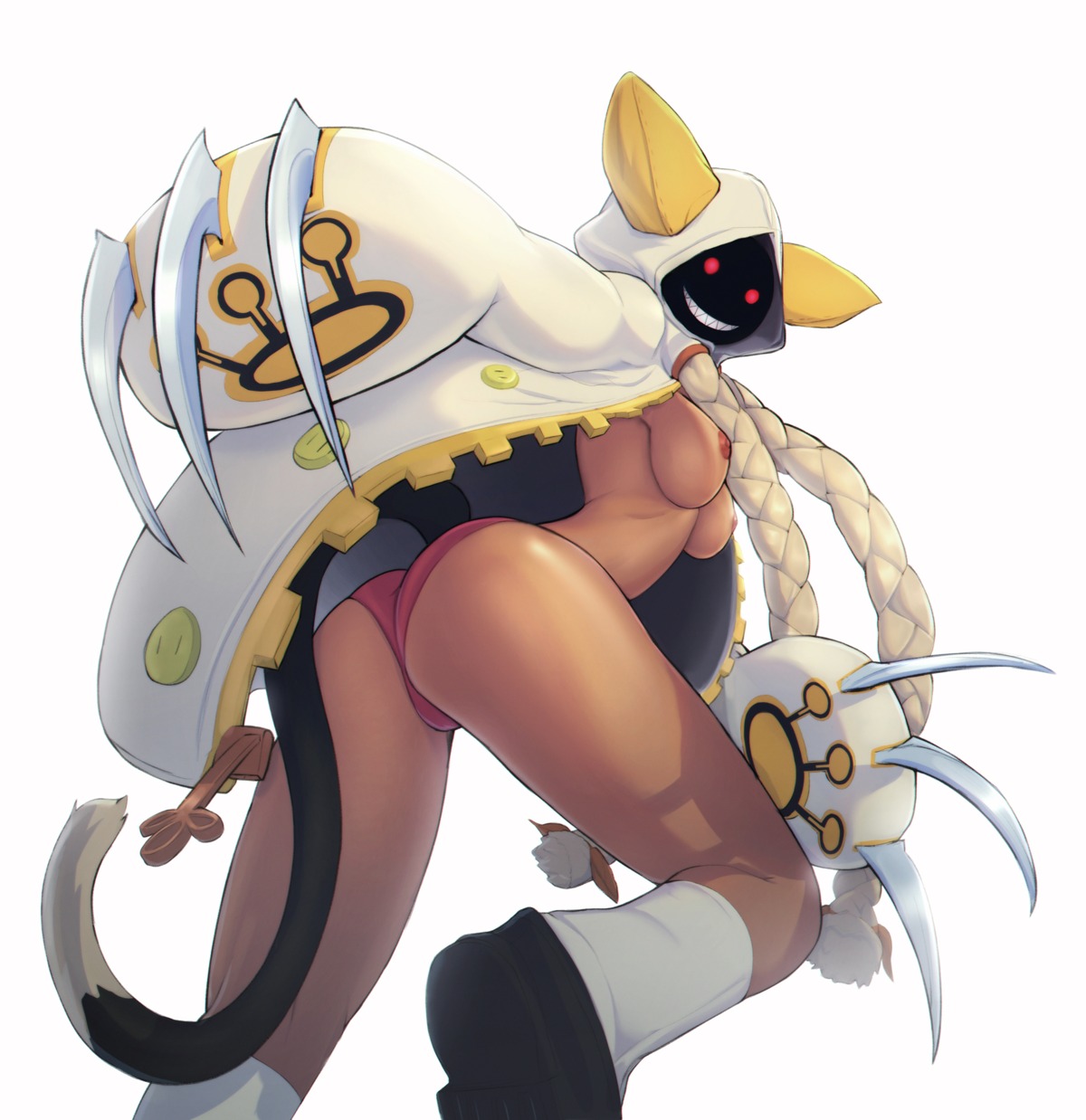 animal_ears ass blazblue blazblue:_calamity_trigger blazblue:_chronophantasma blazblue:_continuum_shift breasts nekomimi nipples no_bra open_shirt pantsu tail taokaka yorzis