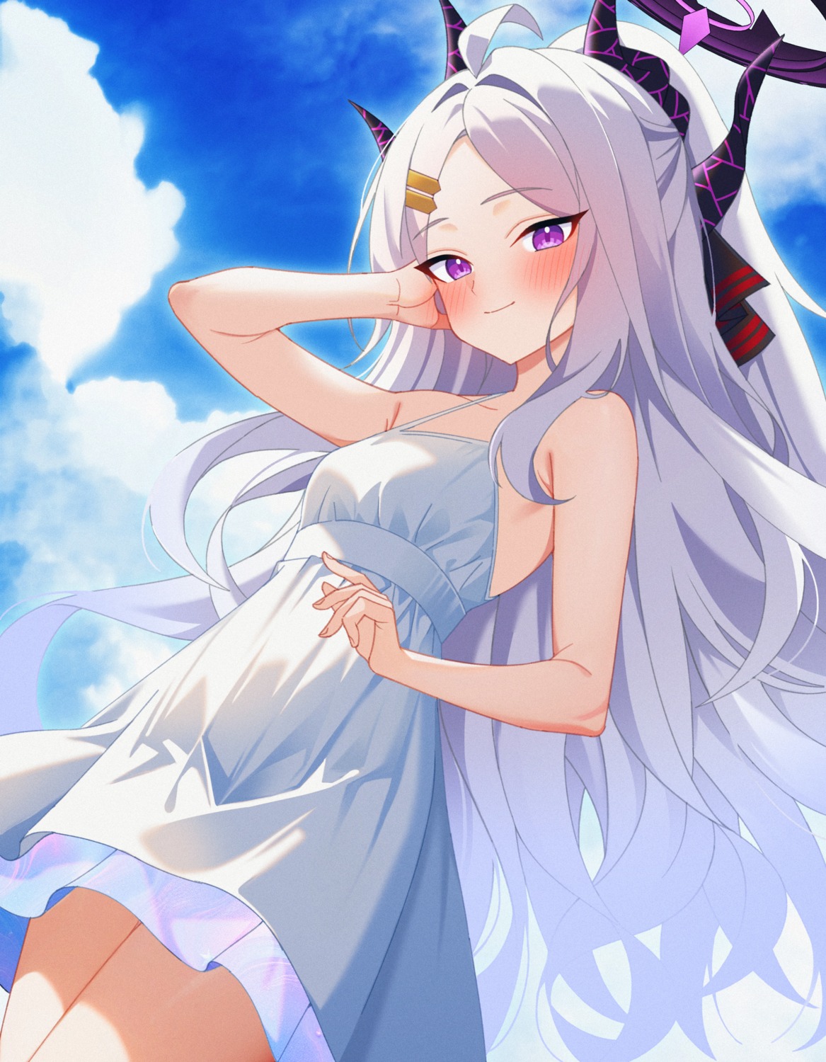 blue_archive dress halo horns karaage_(xxxmido02) skirt_lift sorasaki_hina summer_dress