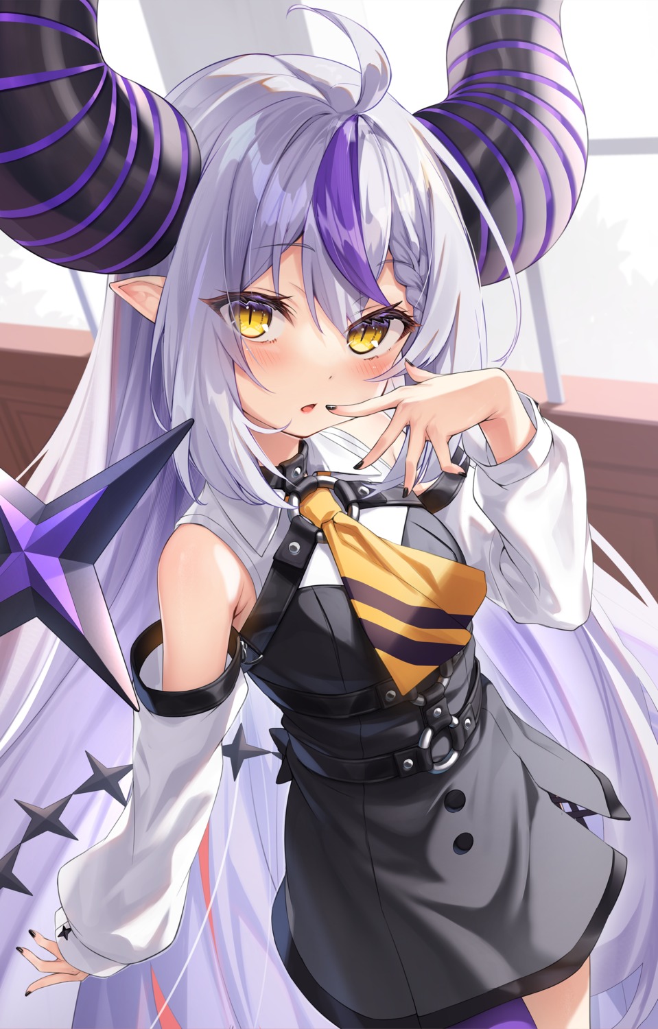 amane_mafuyu_(artist) dress hololive horns la+_darknesss pointy_ears tail