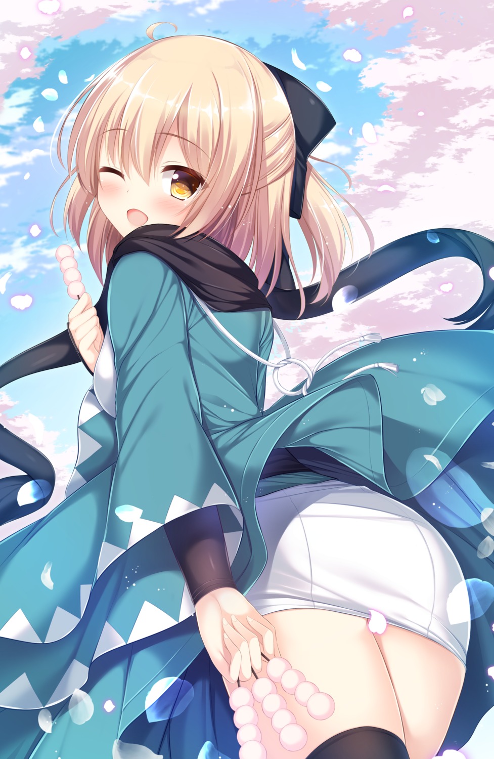 fate/grand_order japanese_clothes okita_souji_(fate) thighhighs tomoo