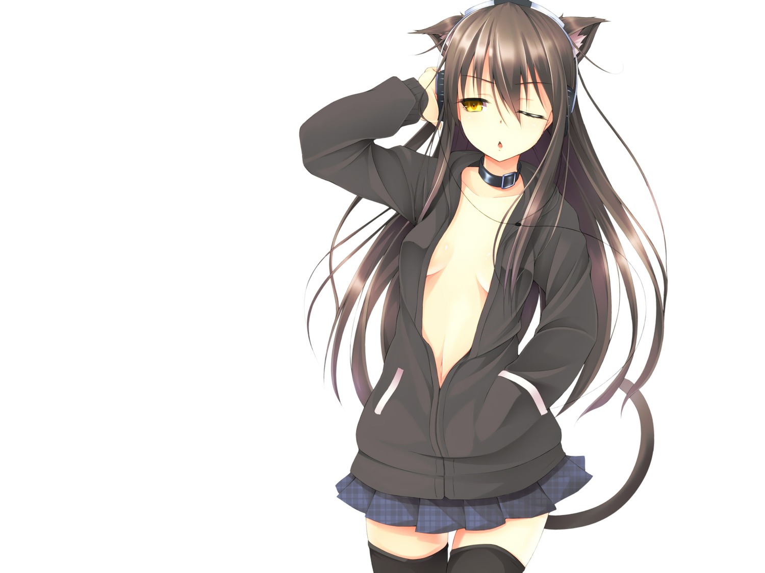 animal_ears cleavage headphones kinta_(distortion) nekomimi no_bra open_shirt tail thighhighs