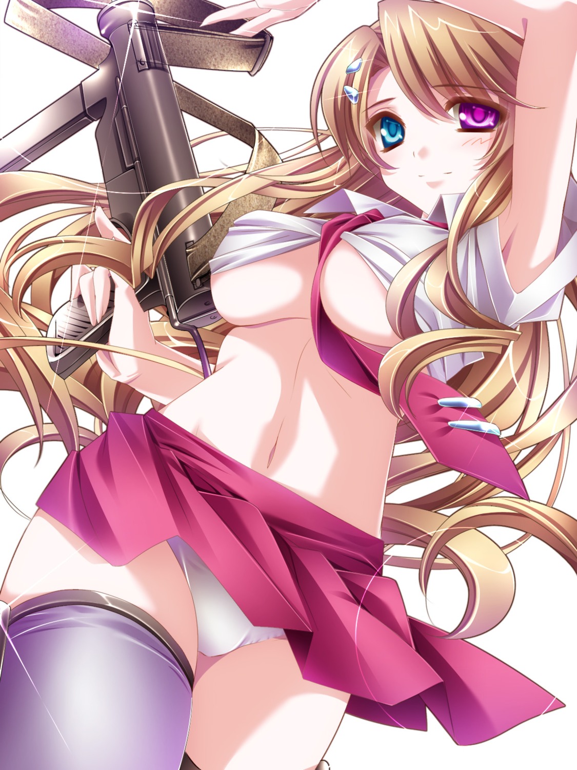 gun heterochromia monety no_bra pantsu thighhighs underboob