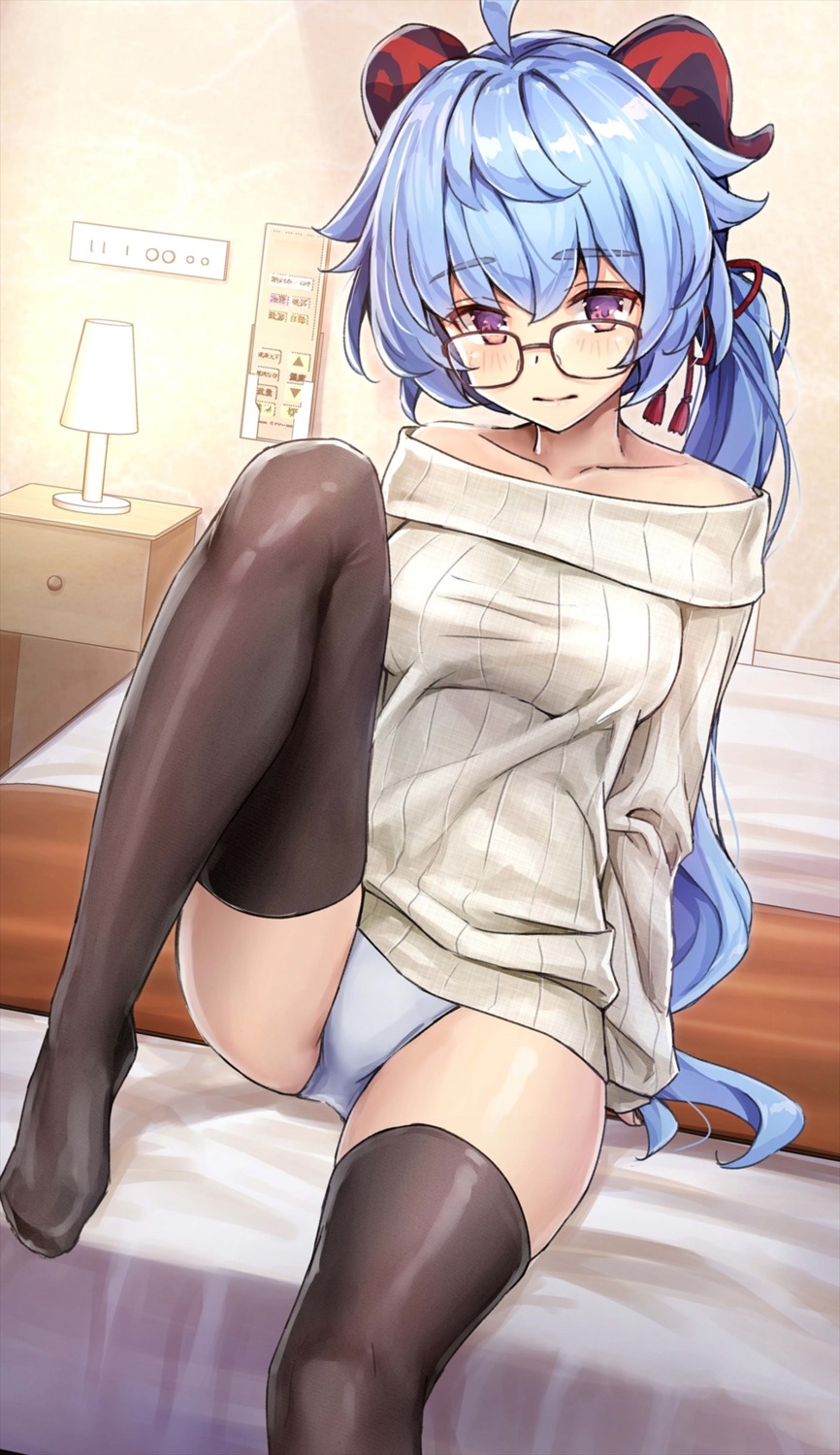 ganyu genshin_impact horns kotatsu_(kotatsu358) megane pantsu sweater thighhighs