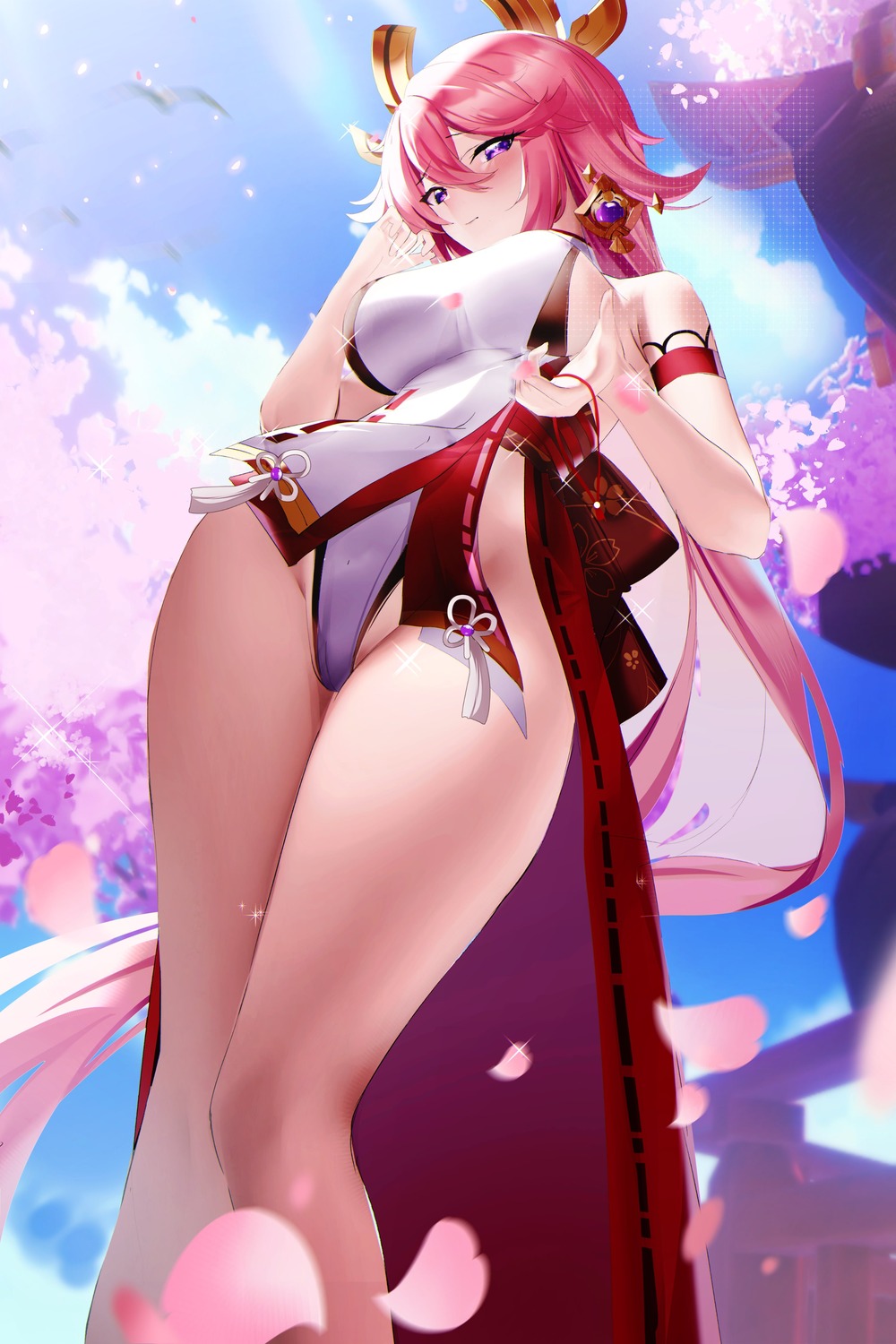 animal_ears fantongjun genshin_impact japanese_clothes kitsune no_bra yae_miko