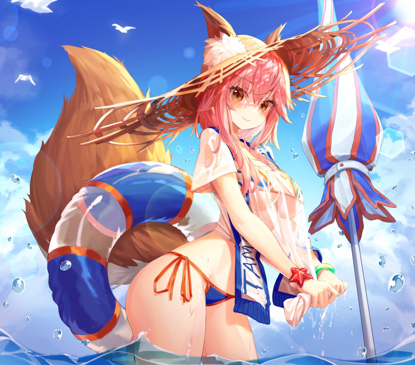 animal_ears bikini fate/grand_order munseonghwa see_through swimsuits tail tamamo_no_mae wet wet_clothes