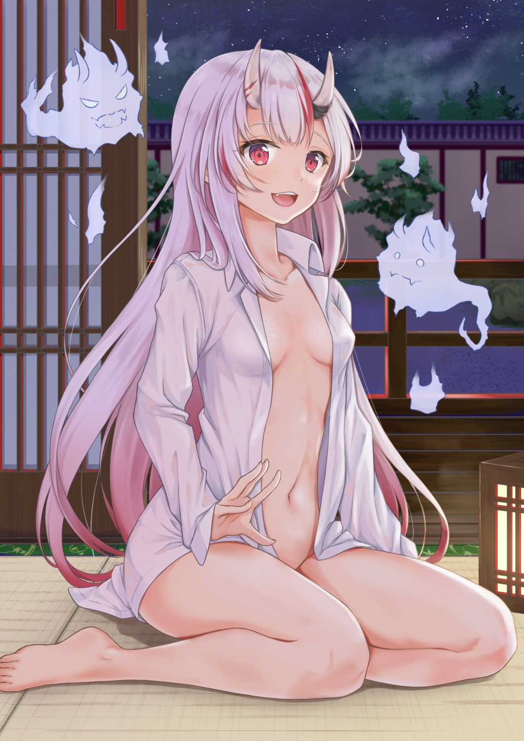 bottomless dress_shirt hololive horns nakiri_ayame no_bra open_shirt rgrey00 see_through