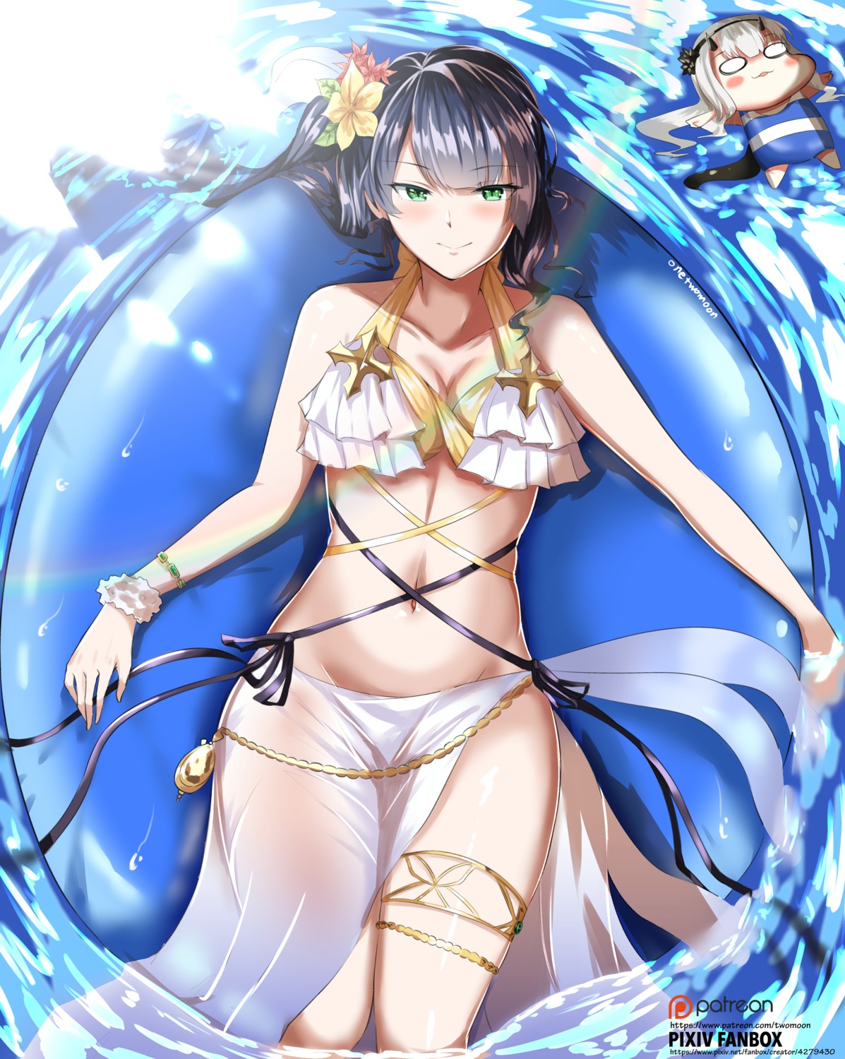 bikini chibi cleavage epic7 garter horns seaside_bellona_(epic7) see_through swimsuits twomoon wet