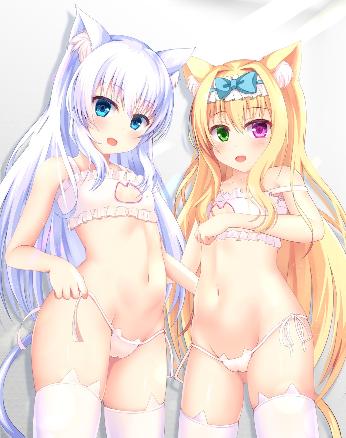 animal_ears bra cameltoe heterochromia loli nekomimi pantsu panty_pull string_panties tail thighhighs undressing yuzuki_yuki_(another_yuki)