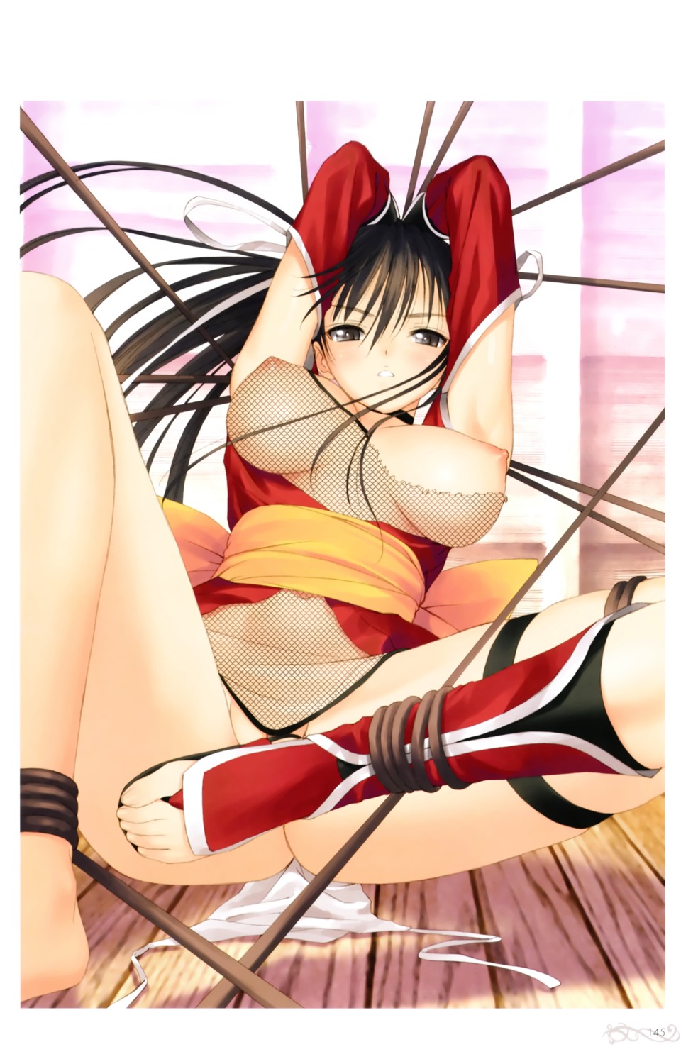 bondage breasts ciel_(company) feet fishnets garter kimono mitama_shinobi ninja nipples nopan pantsu ran_(mitama_shinobi) see_through string_panties tony_taka torn_clothes