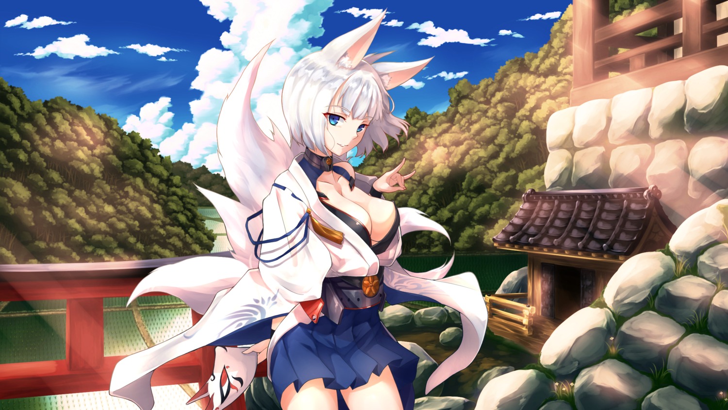 alicia_(schrdingerscat) animal_ears azur_lane japanese_clothes kaga_(azur_lane) kitsune no_bra open_shirt tail