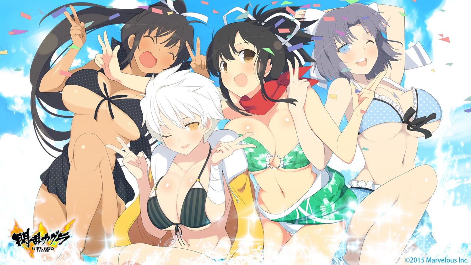 asuka_(senran_kagura) bikini cleavage homura_(senran_kagura) miyabi_(senran_kagura) senran_kagura senran_kagura:_estival_versus swimsuits tan_lines underboob wallpaper yaegashi_nan yumi_(senran_kagura)