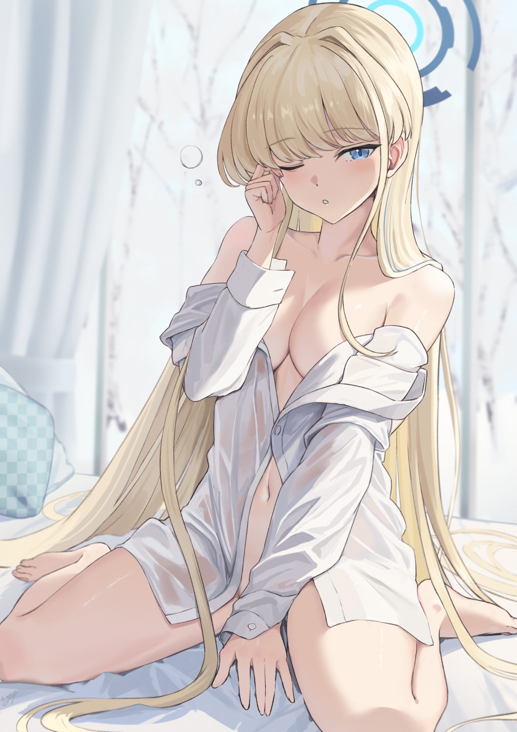 asuma_toki blue_archive bottomless dress_shirt halo may9 no_bra open_shirt see_through