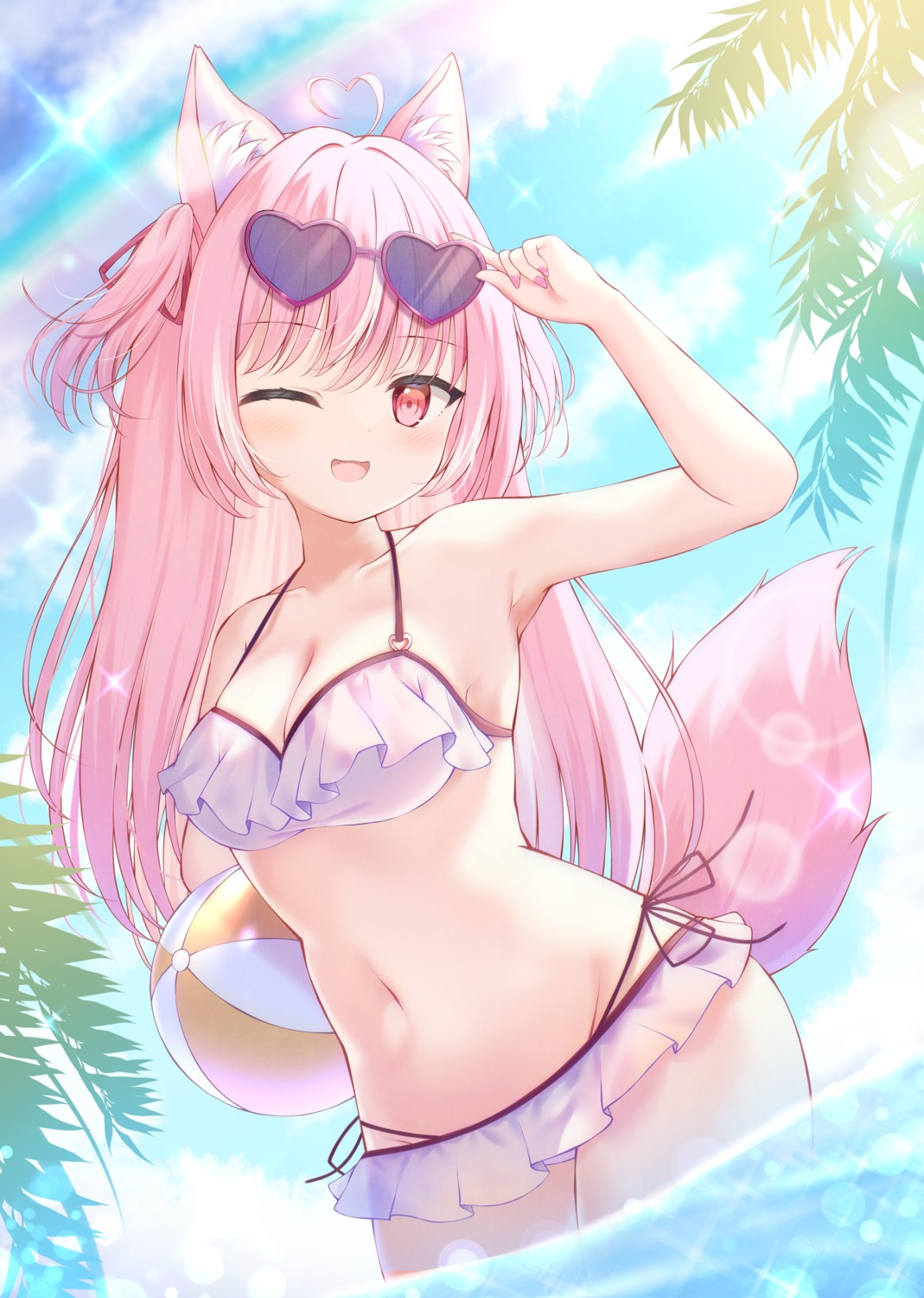 animal_ears bikini kinapro kitsuneudon megane rulu swimsuits tail wet