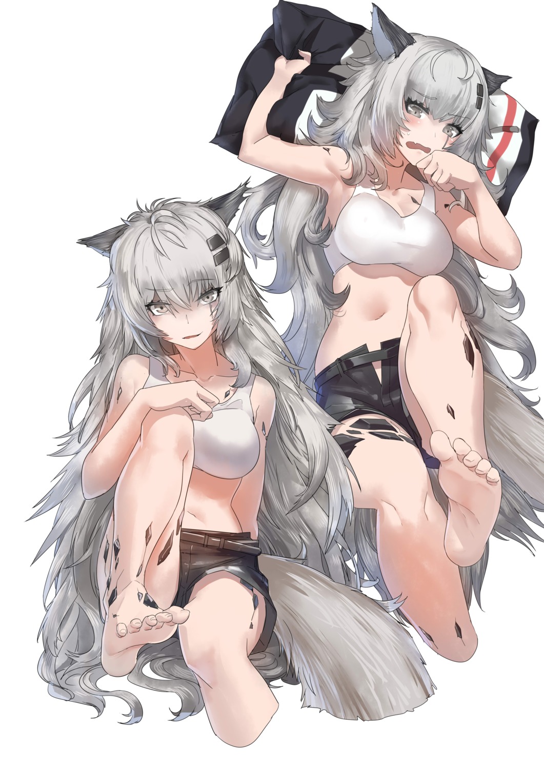 animal_ears arknights cleavage feet lappland_(arknights) shizuoxing_kof tail