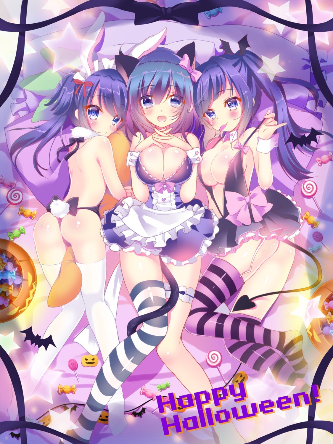 animal_ears ass bunny_ears dress halloween ichi_rin loli nekomimi no_bra stockings tail thighhighs undressing