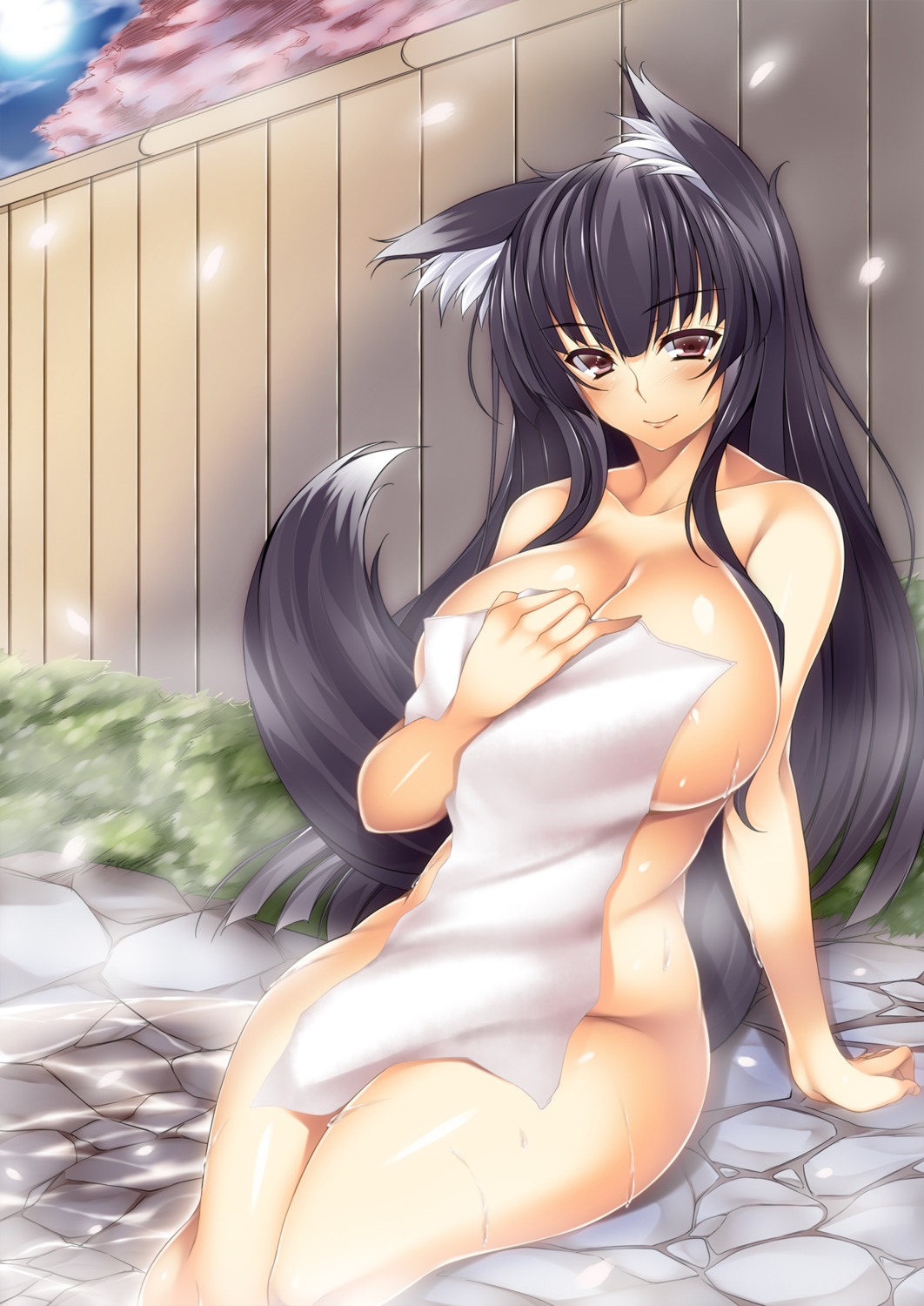 animal_ears cleavage kitsune naked onsen tail towel watanuki_kaname