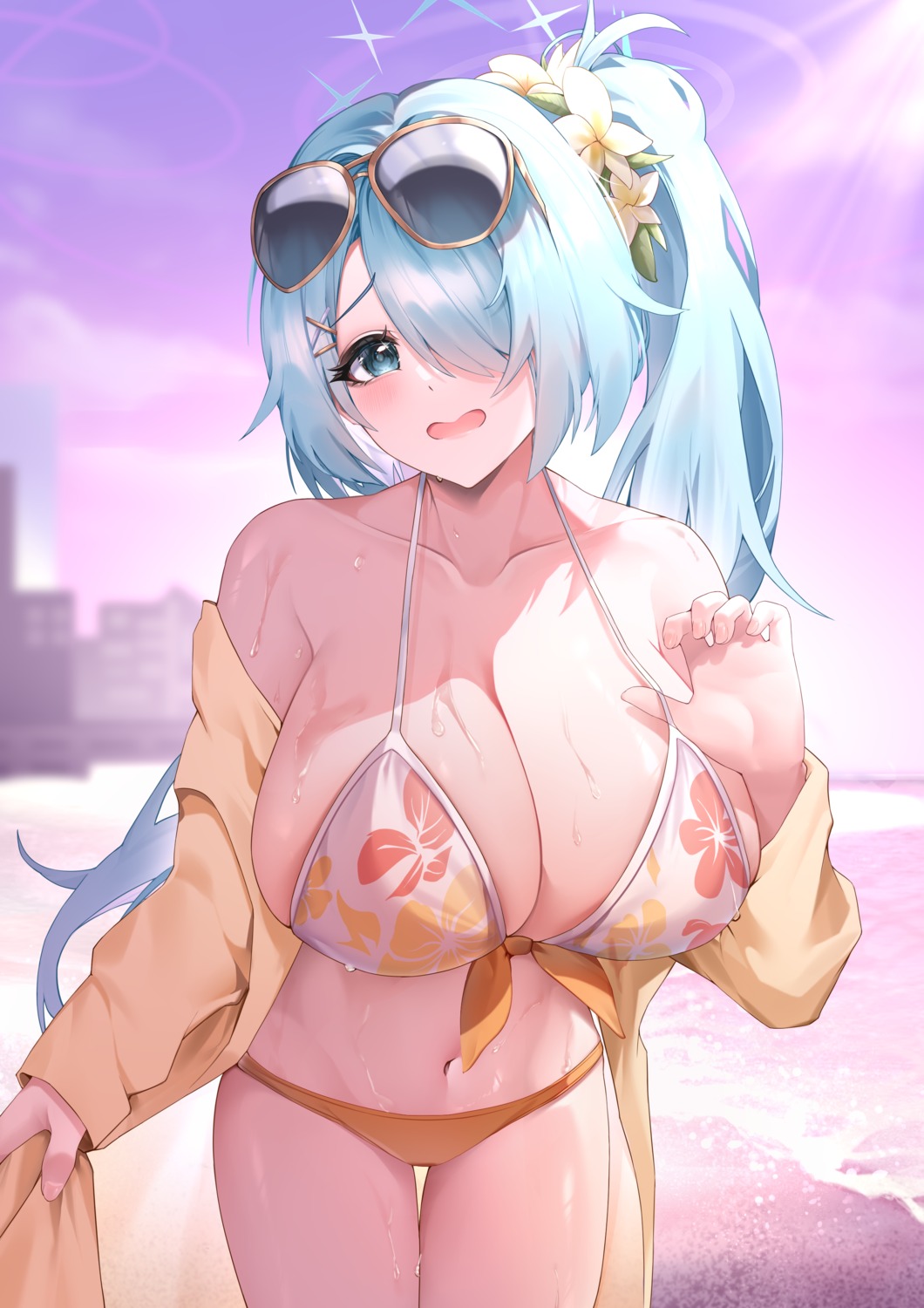 bikini blue_archive halo megane open_shirt sijinni swimsuits tsuchinaga_hiyori wet