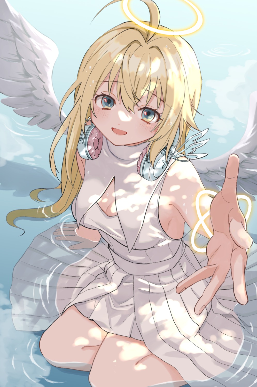 angel cleavage headphones no_bra shirowani-san wet wings