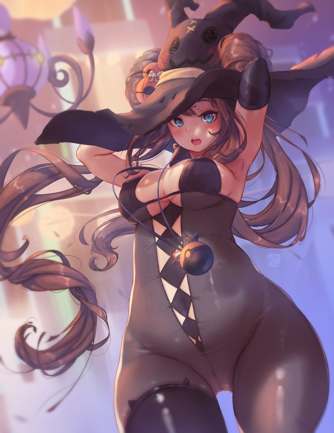 bodysuit bra cameltoe chandelure halloween mei_(pokemon) mitsu_(mitsu_art) pokemon pokemon_b2w2 thighhighs witch