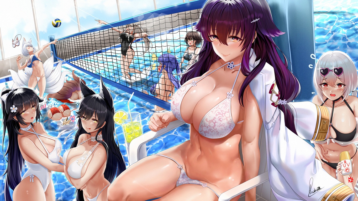 akagi_(azur_lane) animal_ears atago_(azur_lane) azuma_(azur_lane) azur_lane baltimore_(azur_lane) bikini breast_hold cleavage enterprise_(azur_lane) essex_(azur_lane) kaga_(azur_lane) megane panty_pull piukute062 see_through sirius_(azur_lane) swimsuits taihou_(azur_lane) tail takao_(azur_lane) wet