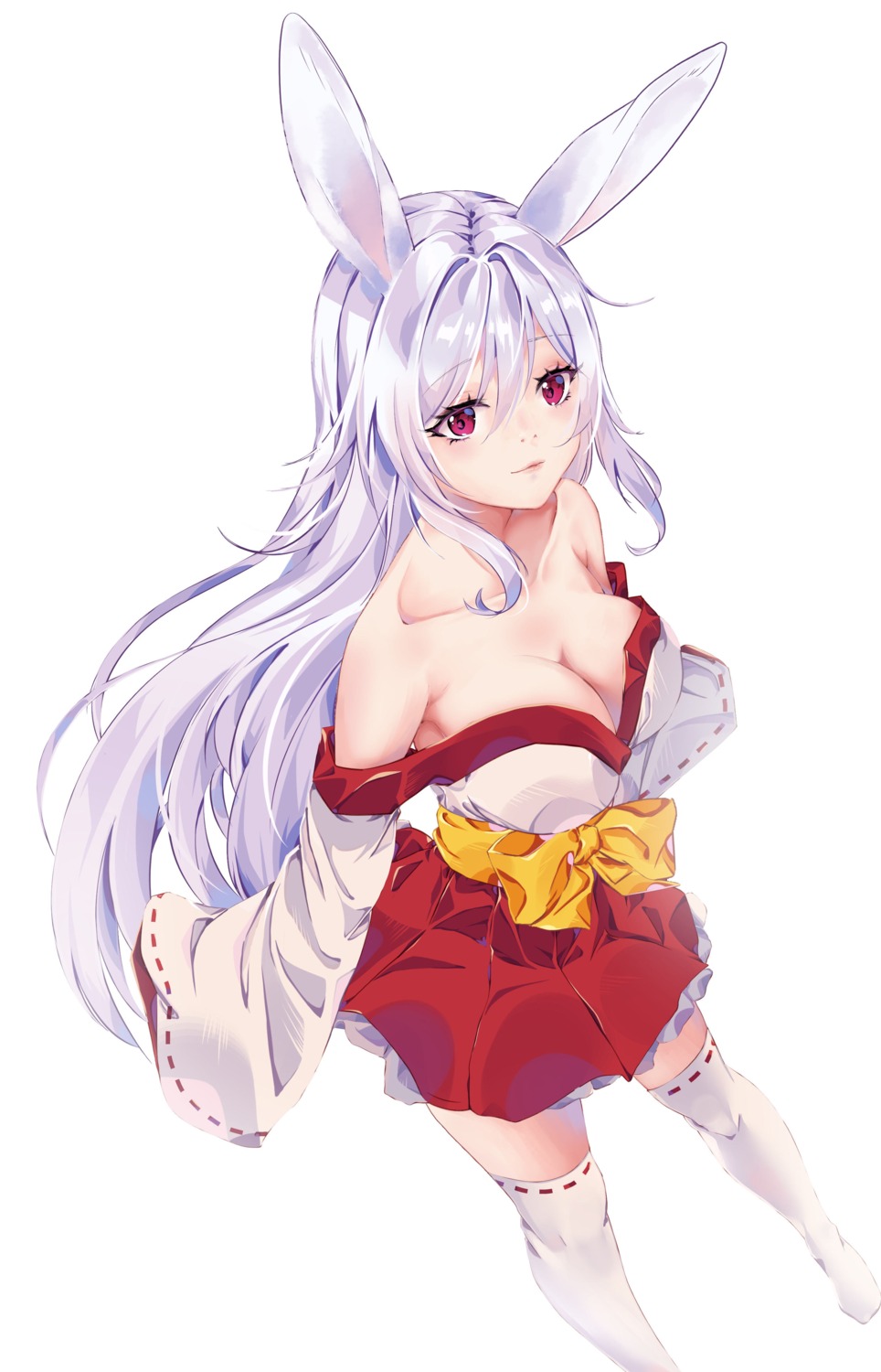 animal_ears bunny_ears cleavage japanese_clothes mirei-yume no_bra open_shirt thighhighs