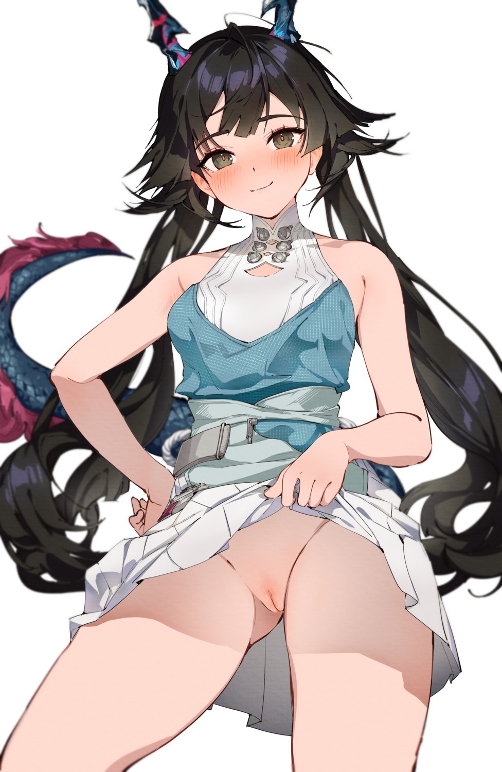 arknights arknights:_endfield chen_qianyu_(arknights) horns nashidrop nopan pussy skirt_lift tail uncensored