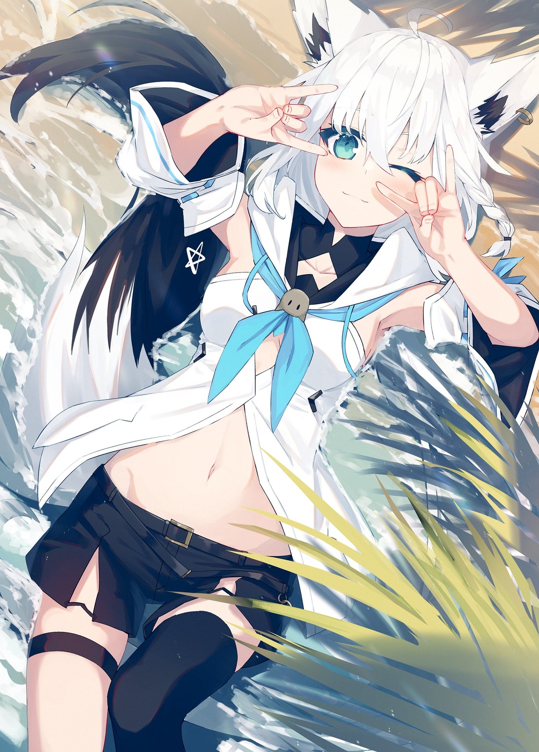 animal_ears garter hololive hololive_gamers kitsune nagishiro_mito shirakami_fubuki tail thighhighs wet